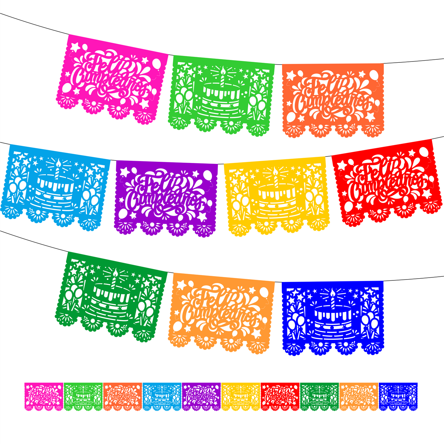 Guirnalda de papel picado feliz cumpleaños (papel china) - 10 guirnaldas de 5 metros (50 metros totales)