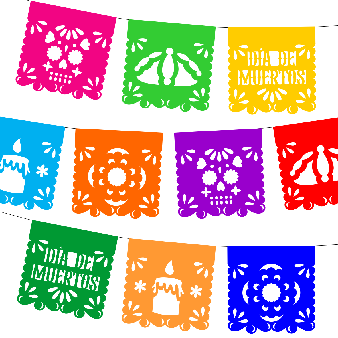 10 Guirnaldas Súper Mini Día de Muertos Multicolor Papel China 10 Metros Totales