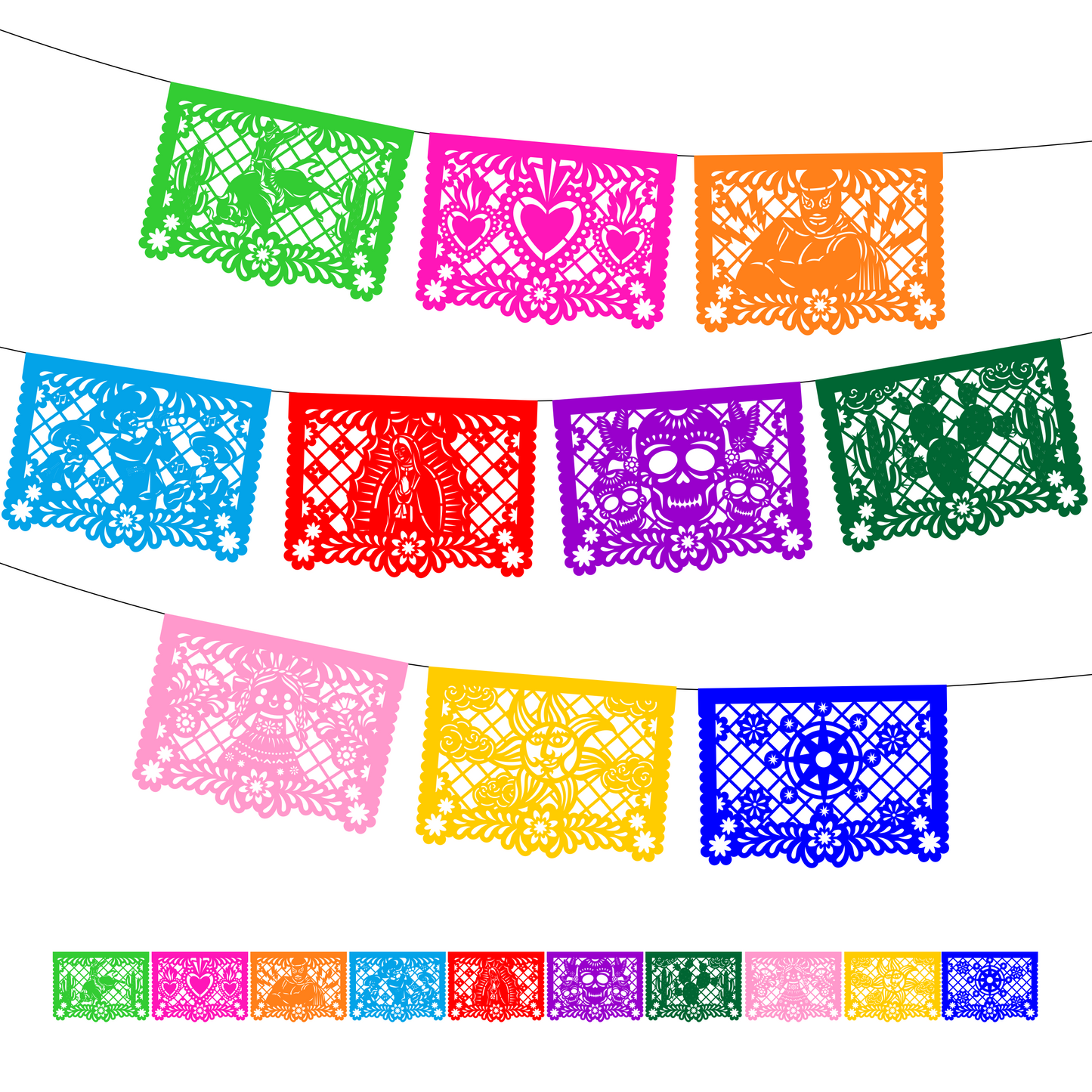 Guirnalda de papel picado meximalista (papel china) - 10 guirnaldas de 5 metros (50 metros totales)