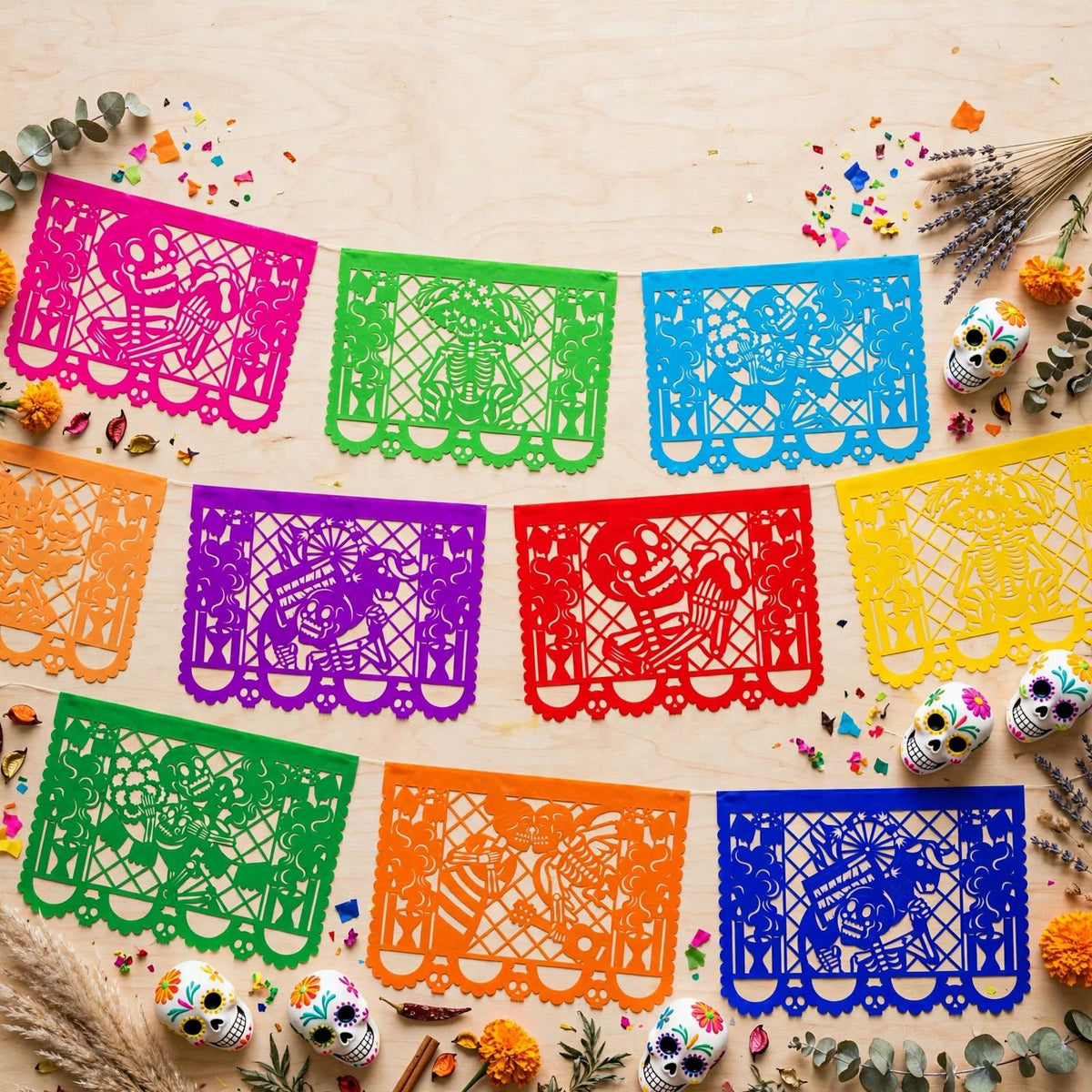 10 Guirnaldas Día de Muertos Multicolor 50 Metros Totales