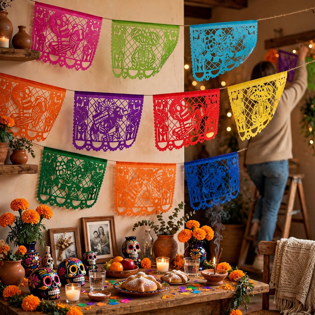 10 Guirnaldas Día de Muertos Multicolor 50 Metros Totales