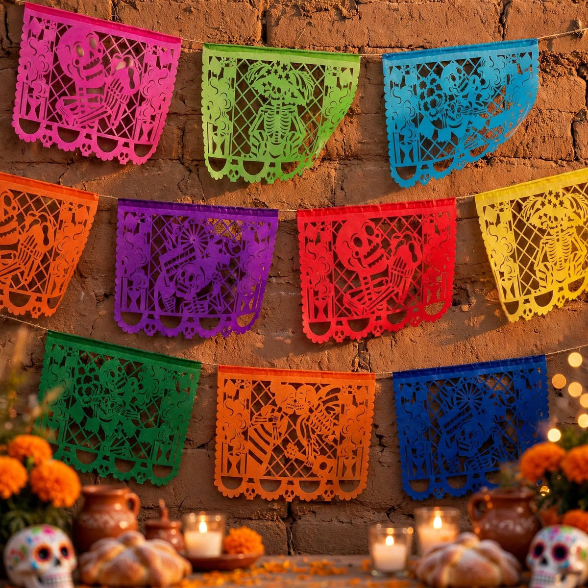 10 Guirnaldas Día de Muertos Multicolor 50 Metros Totales