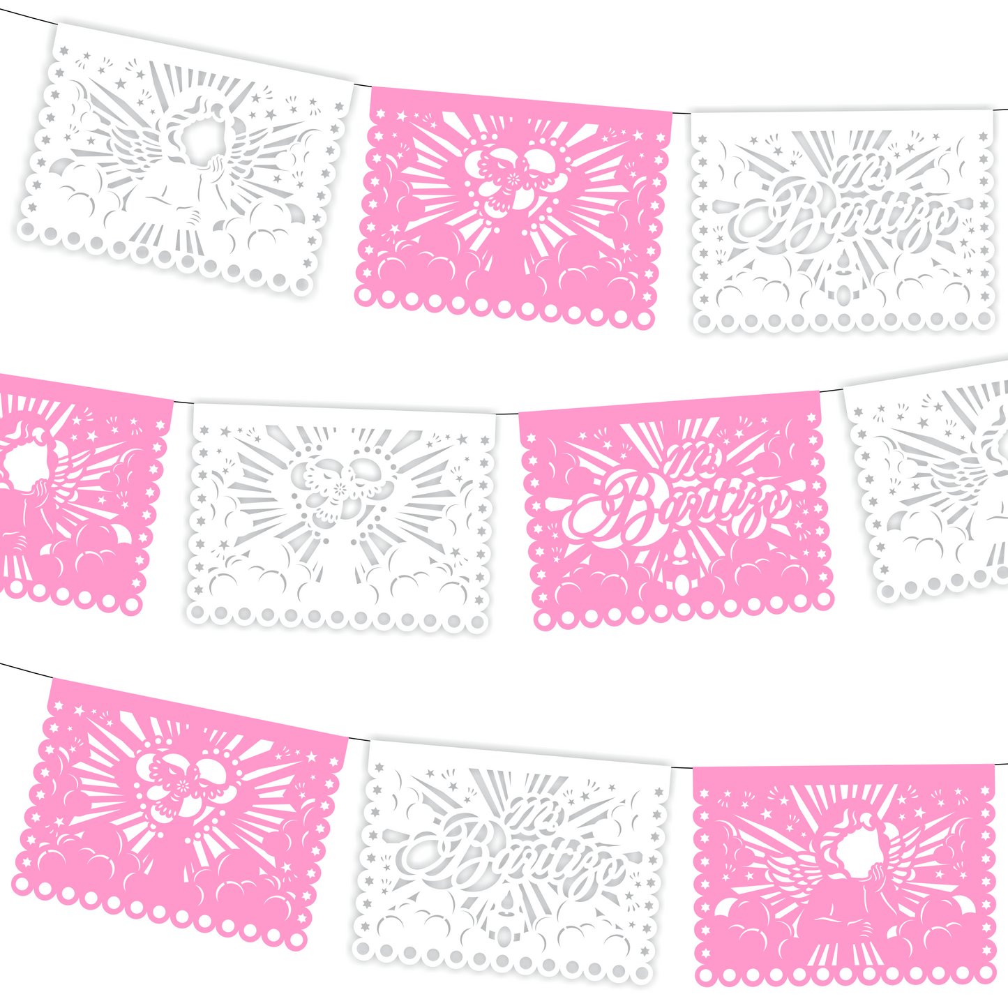 Guirnalda de papel picado bautizo (niña) (papel china) - 10 guirnaldas (50 metros totales)