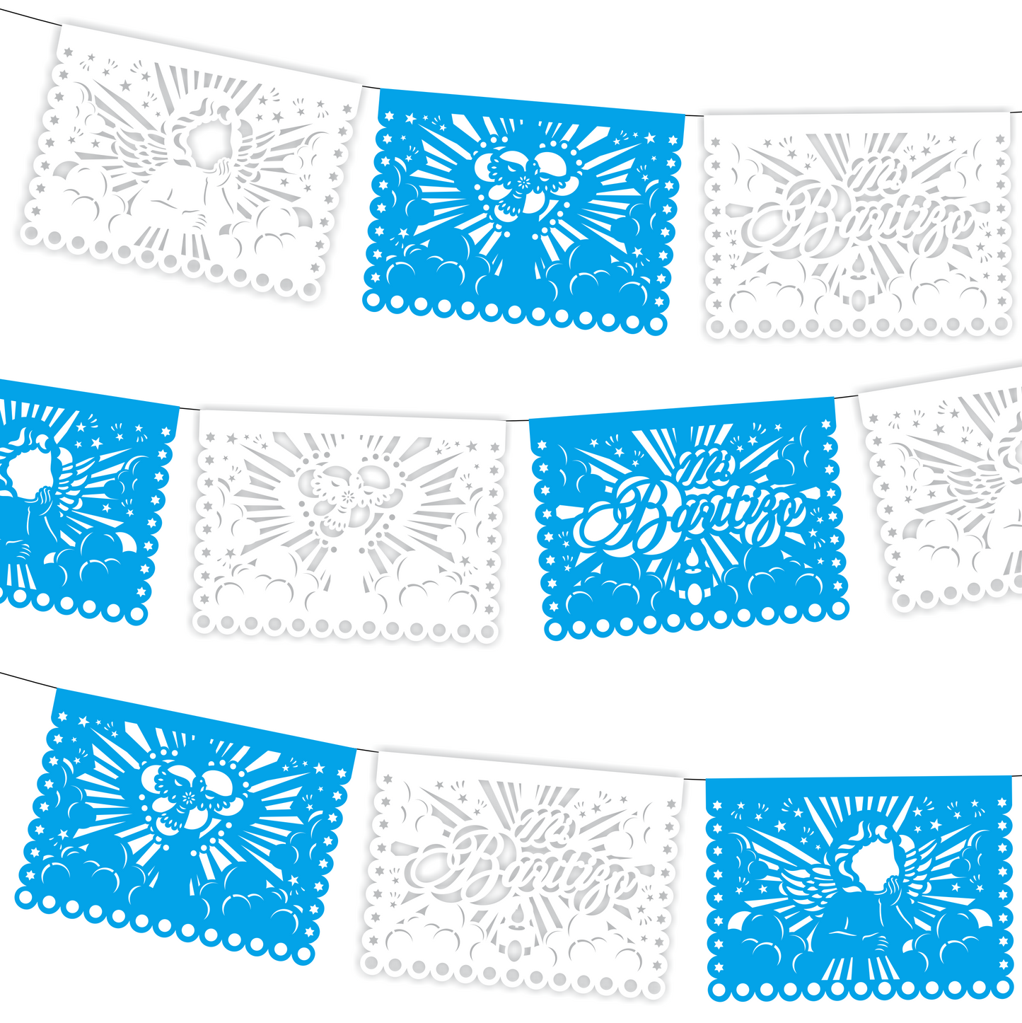 Guirnalda de papel picado bautizo (niño) (papel china) - 10 guirnaldas de 5 metros (50 metros totales)