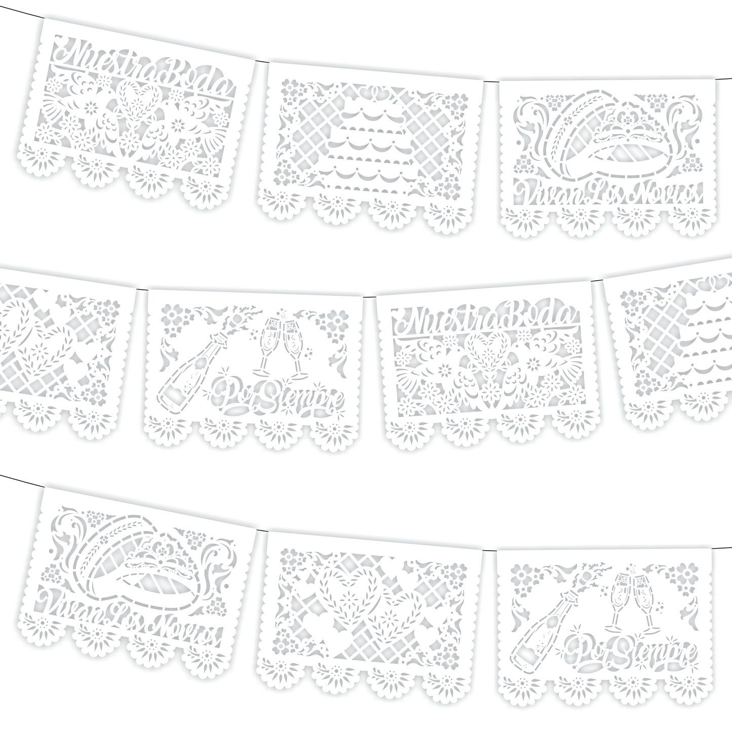 Guirnalda de papel picado boda blanca (papel china) - 10 tiras de 5 metros (50 metros totales)