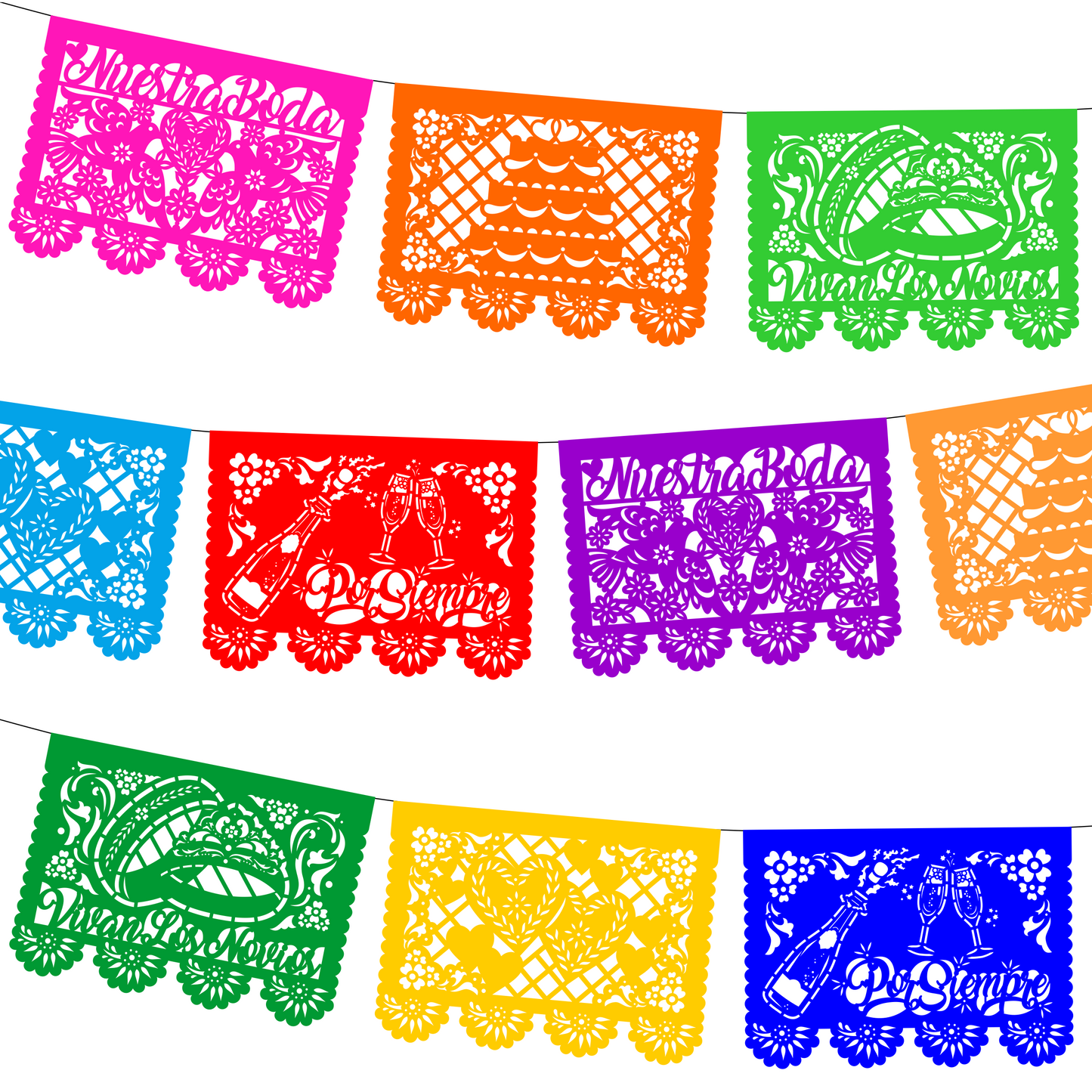 Guirnalda de papel picado boda multicolor – 10 guirnaldas de 5 metros (50 metros totales)