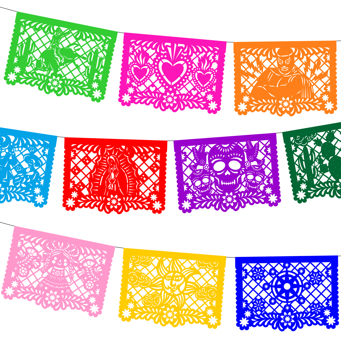 Guirnalda de papel picado meximalista (papel china) - 10 guirnaldas de 5 metros (50 metros totales)
