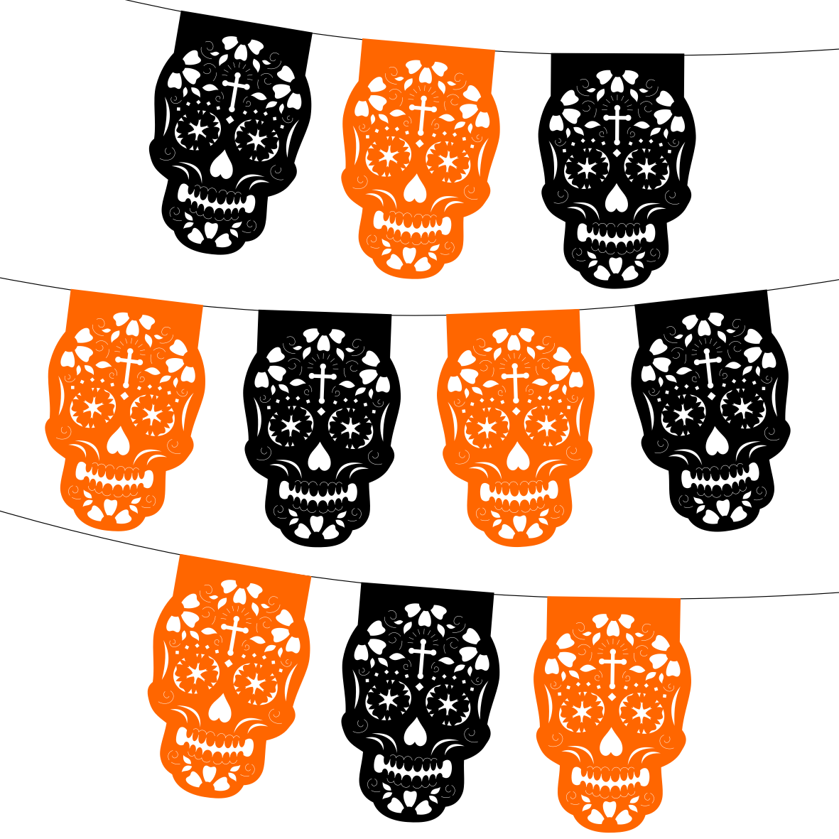 10 Guirnaldas Mini Día de Muertos Calaveritas Negro / Cempasúchil Papel China 10 Metros Totales
