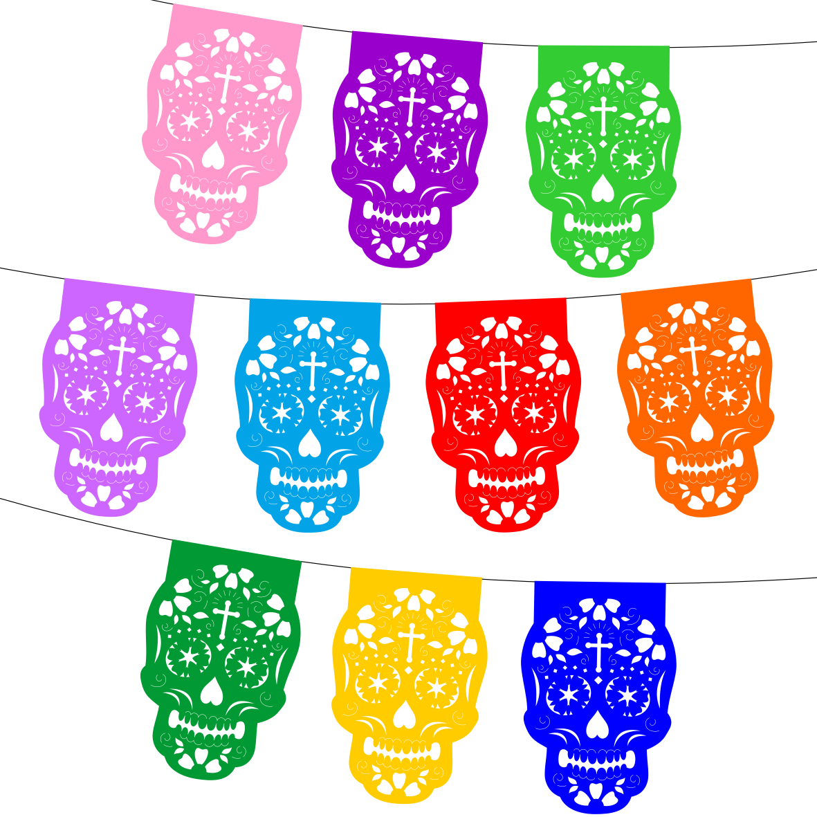 10 Guirnaldas Mini Día de Muertos Multicolor Calaveritas Papel China 10 Metros Totales