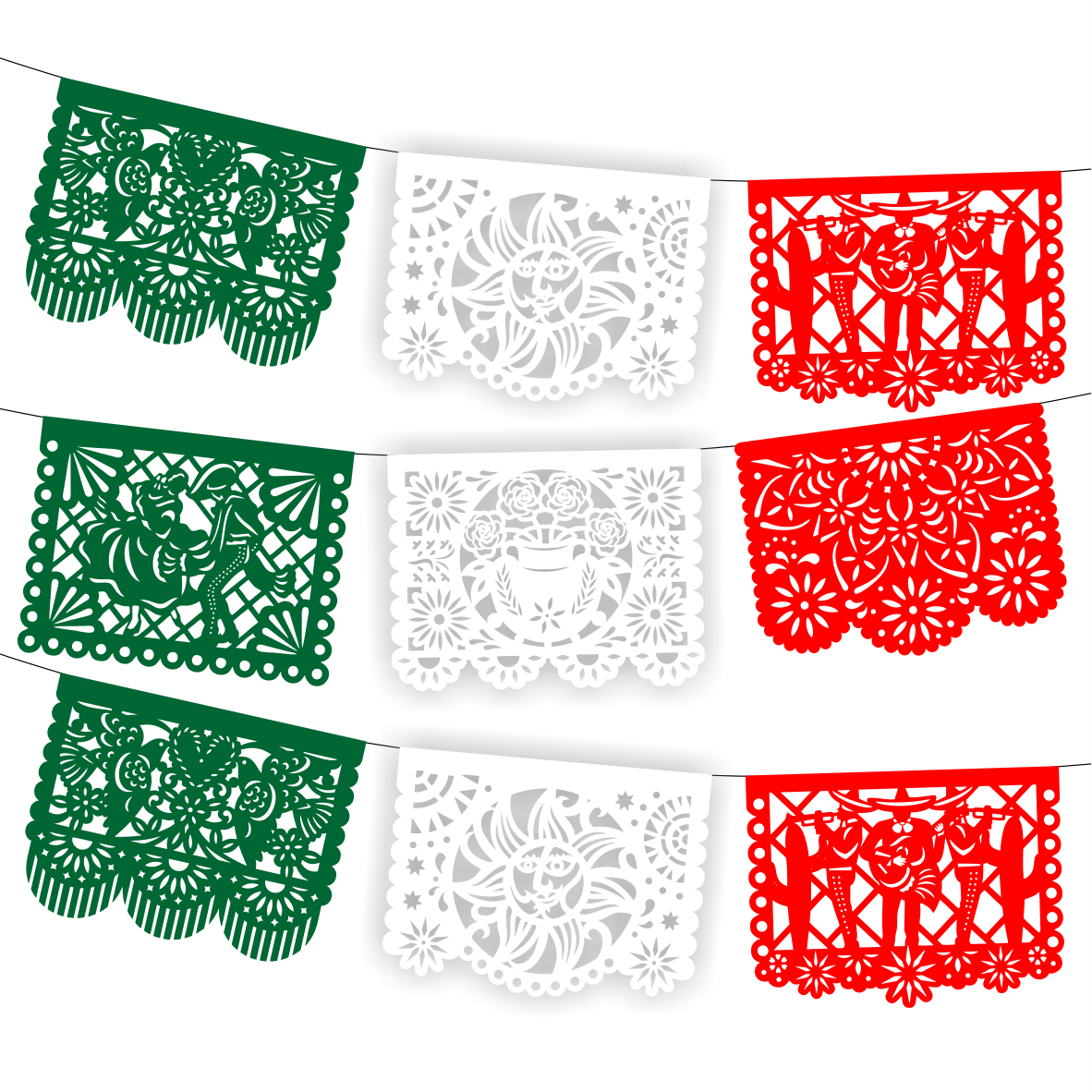 Guirnalda de papel picado charrería tricolor (plástico) - 10 tiras de 5 metros (50 metros totales)