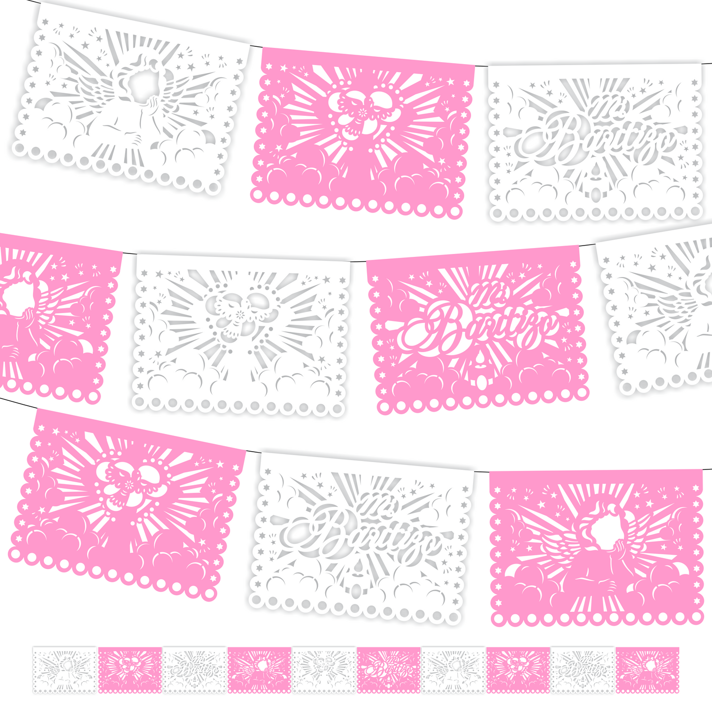 Guirnalda de papel picado bautizo (niña) (papel china) - 10 guirnaldas (50 metros totales)