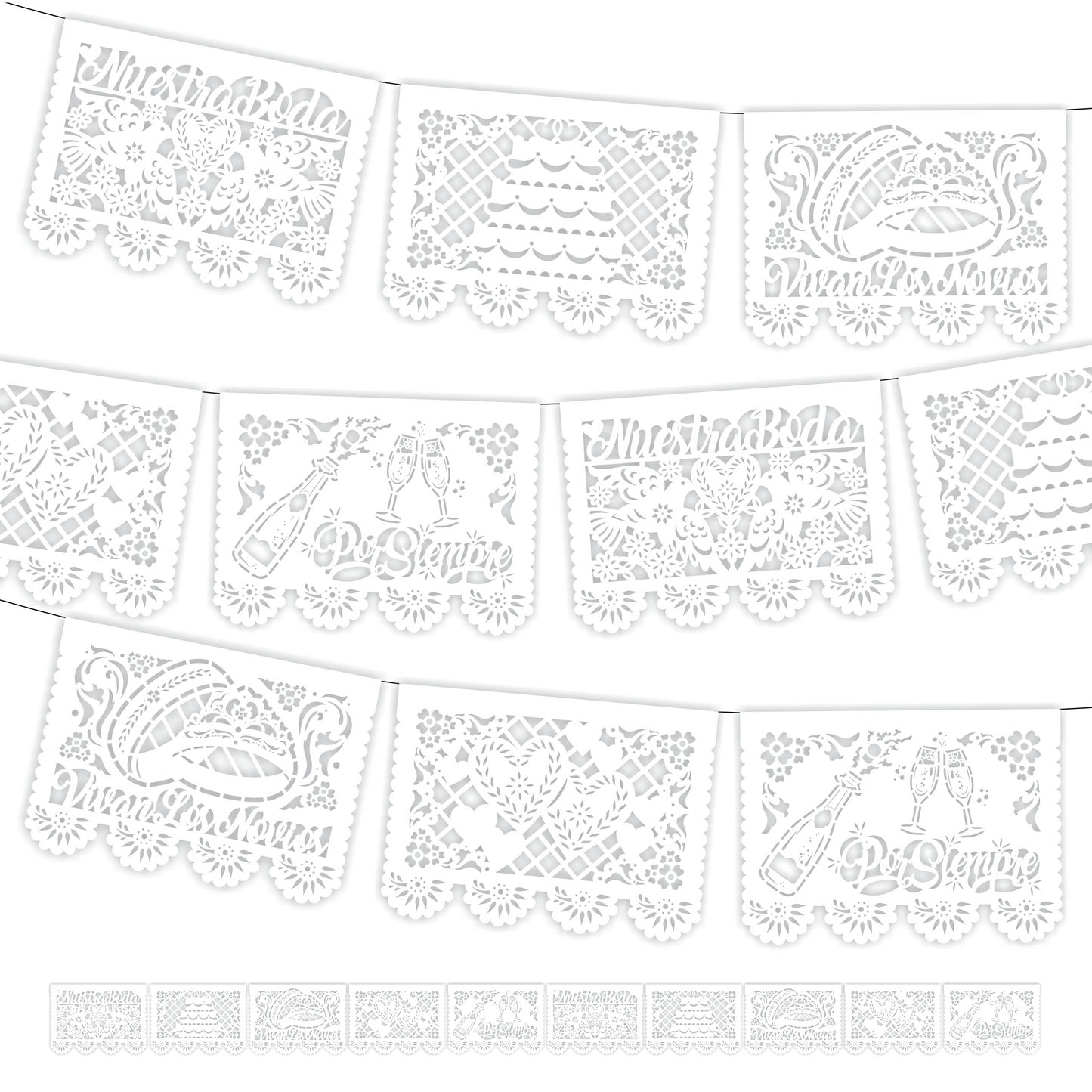 Guirnalda de papel picado boda blanca (papel china) - 10 tiras de 5 metros (50 metros totales)