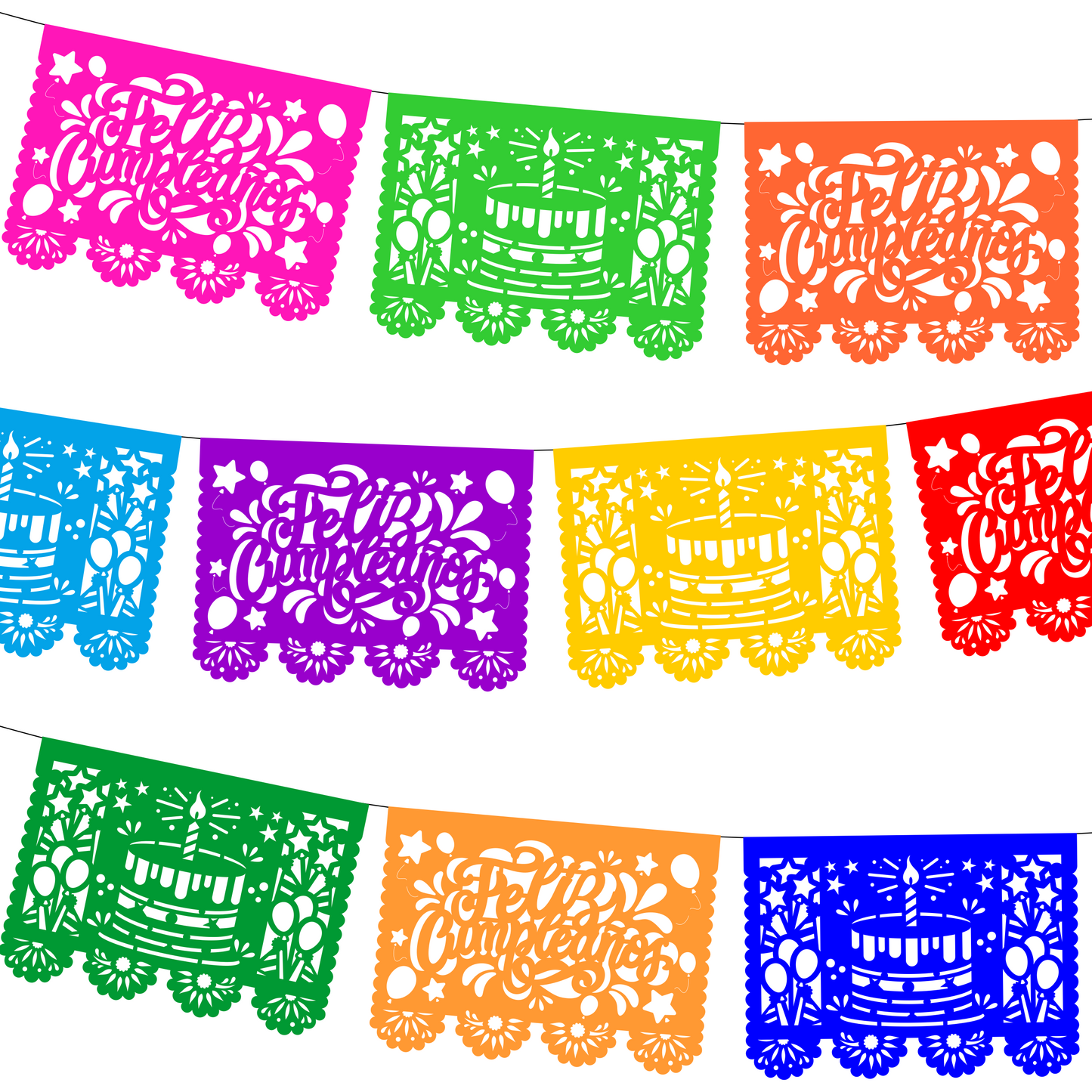 Guirnalda de papel picado feliz cumpleaños (papel china) - 10 guirnaldas de 5 metros (50 metros totales)