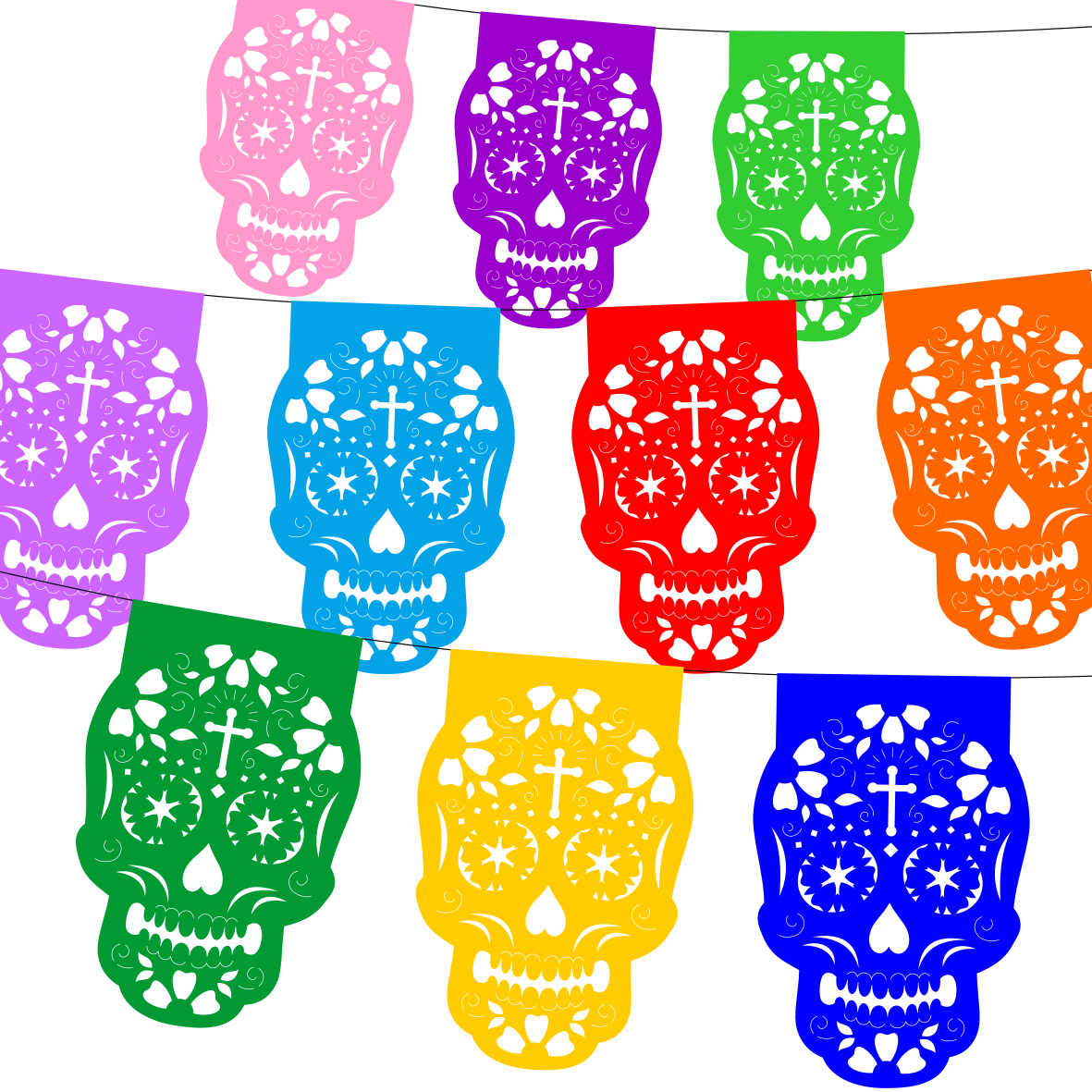 10 Guirnaldas Mini Día de Muertos Multicolor Calaveritas Papel China 10 Metros Totales