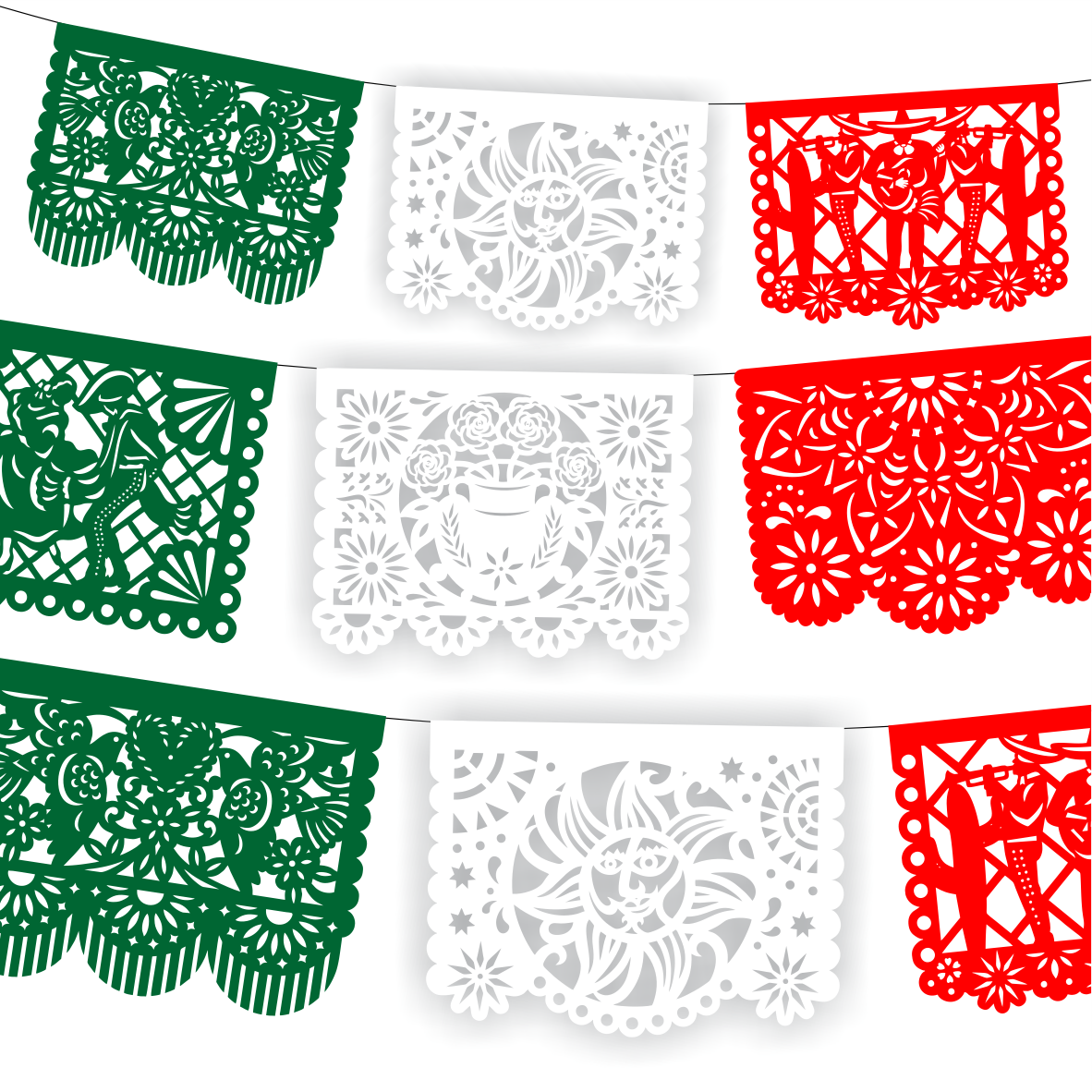 Guirnalda de papel picado charrería tricolor (plástico) - 10 tiras de 5 metros (50 metros totales)