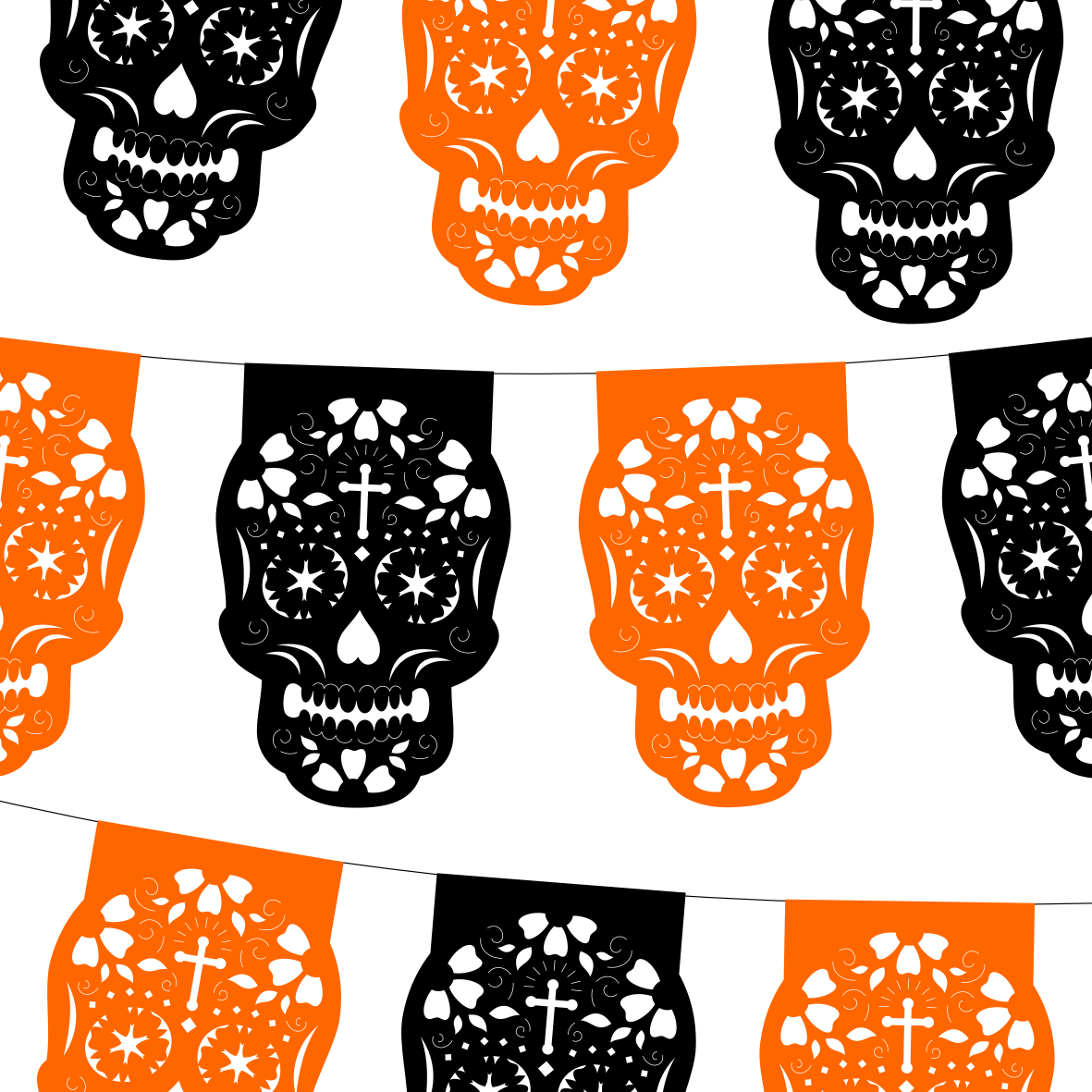 10 Guirnaldas Mini Día de Muertos Calaveritas Negro / Cempasúchil Papel China 10 Metros Totales