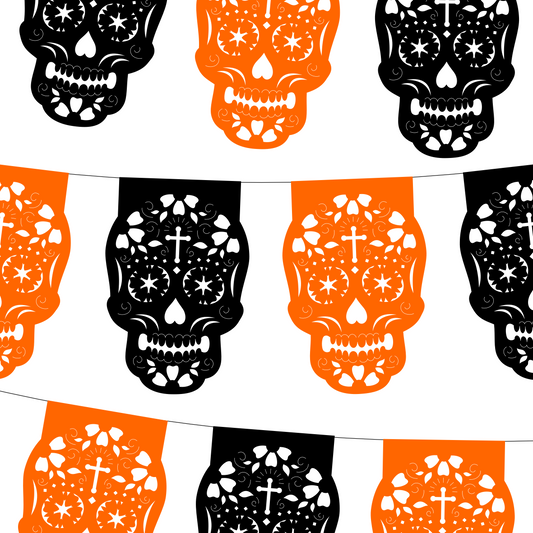10 Guirnaldas Mini Día de Muertos Calaveritas Negro / Cempasúchil Papel China 10 Metros Totales