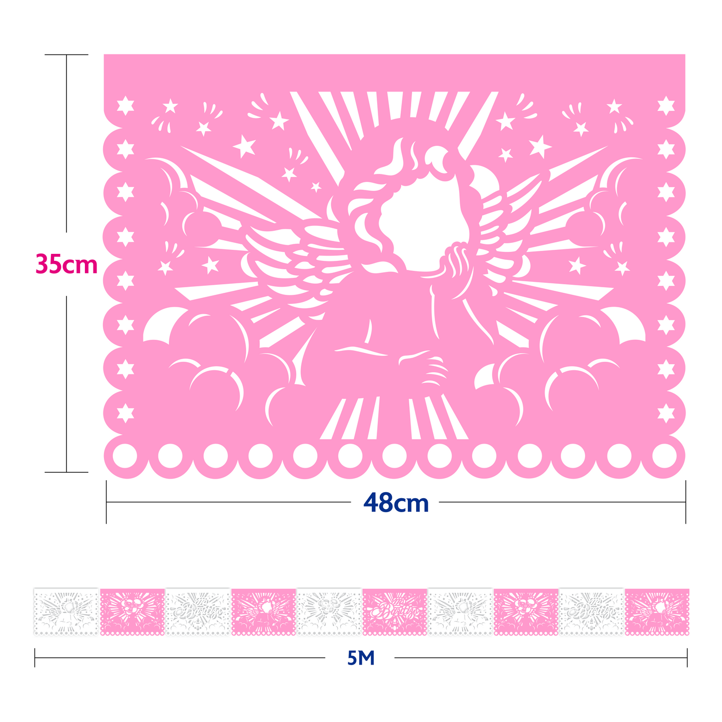 Guirnalda de papel picado bautizo (niña) (papel china) - 10 guirnaldas (50 metros totales)