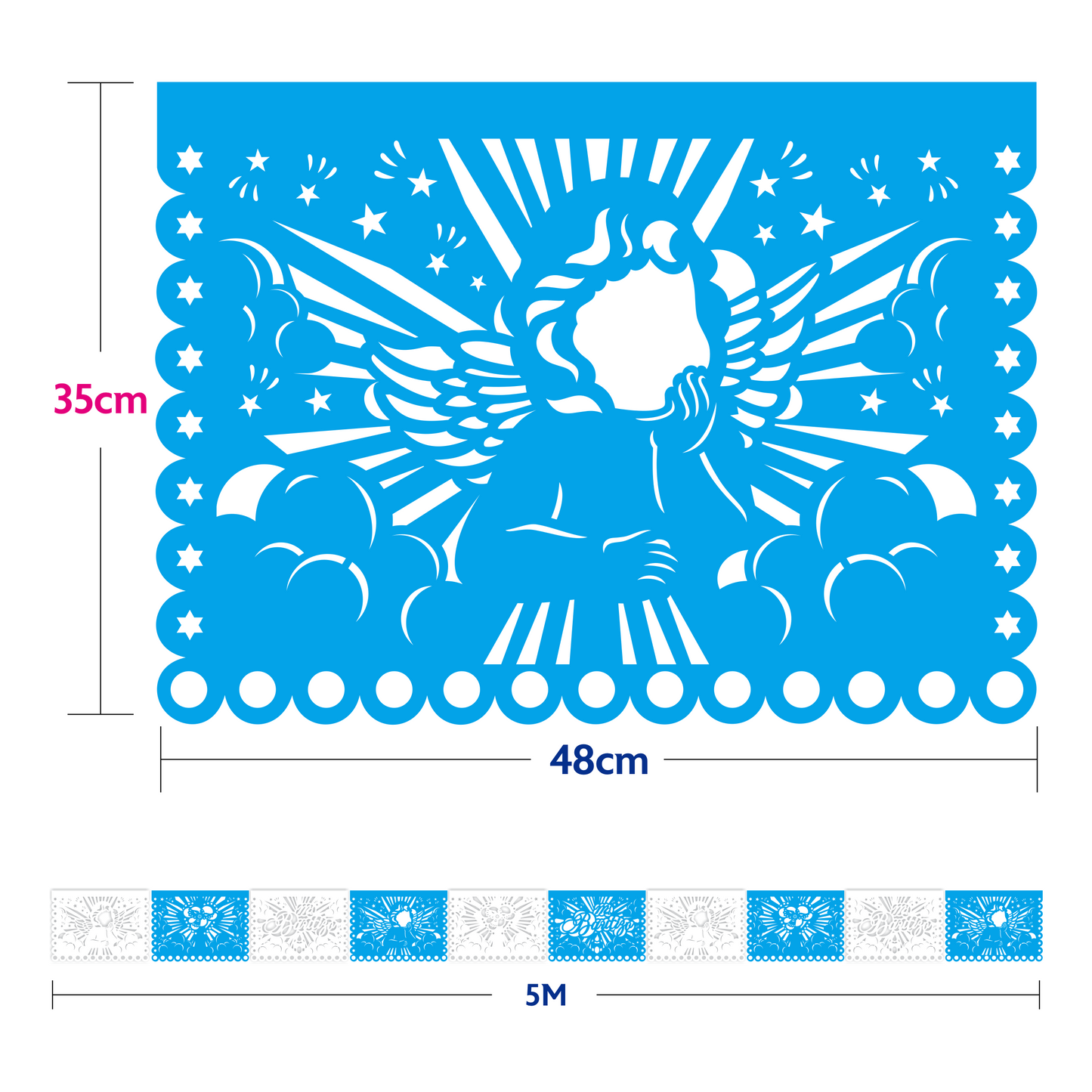 Guirnalda de papel picado bautizo (niño) (papel china) - 10 guirnaldas de 5 metros (50 metros totales)