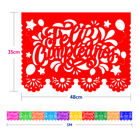 Guirnalda de papel picado feliz cumpleaños (papel china) - 10 guirnaldas de 5 metros (50 metros totales)