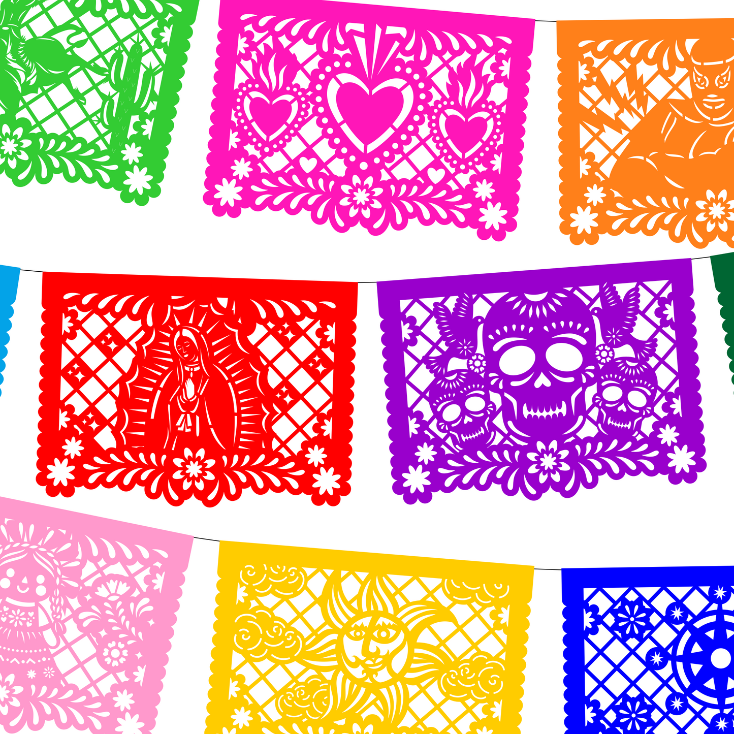 Guirnalda de papel picado meximalista (papel china) - 10 guirnaldas de 5 metros (50 metros totales)