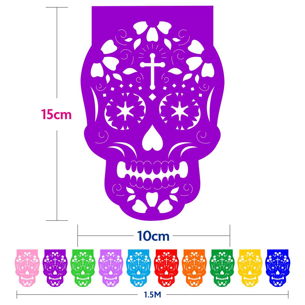 10 Guirnaldas Mini Día de Muertos Multicolor Calaveritas Papel China 10 Metros Totales