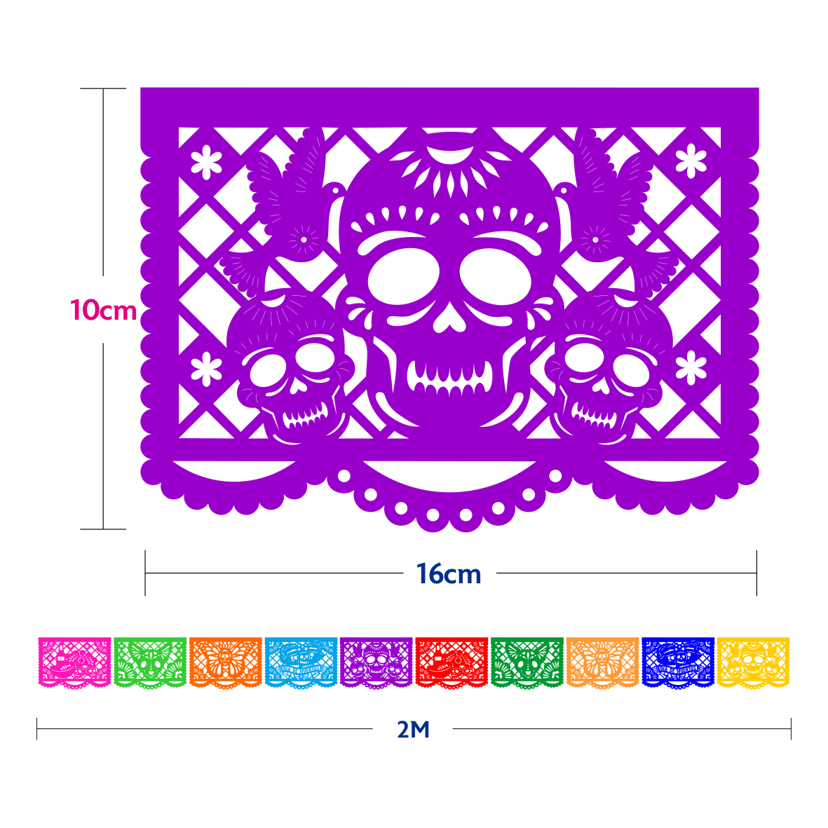10 Guirnaldas Mini Día de Muertos Multicolor Papel China 15 Metros Totales