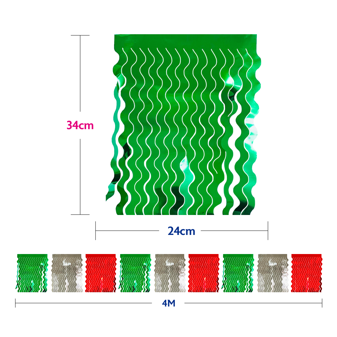 Guirnalda de flecos tricolor ch (papel metálico) - 10 tiras de 4 metros (40 metros totales)