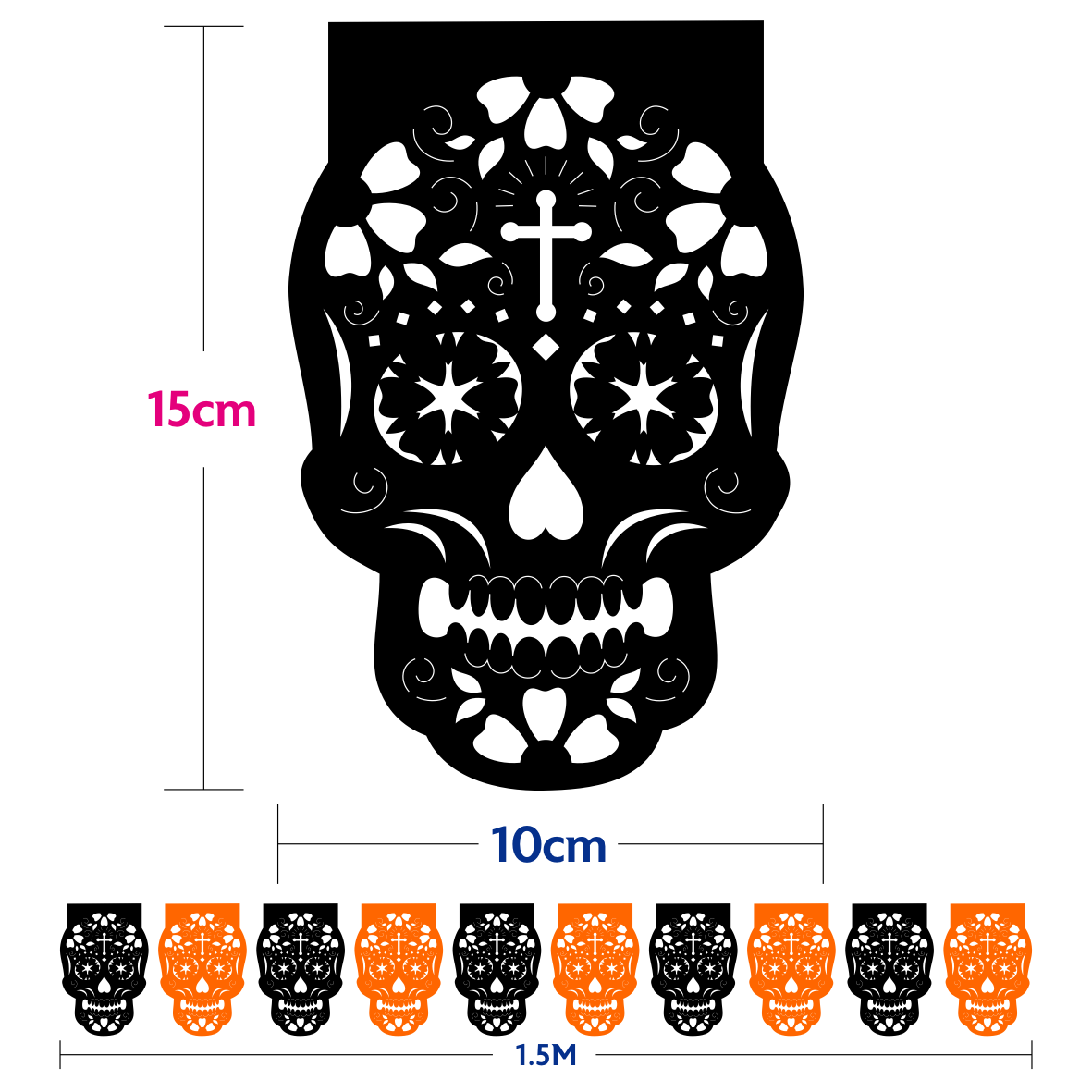 10 Guirnaldas Mini Día de Muertos Calaveritas Negro / Cempasúchil Papel China 10 Metros Totales
