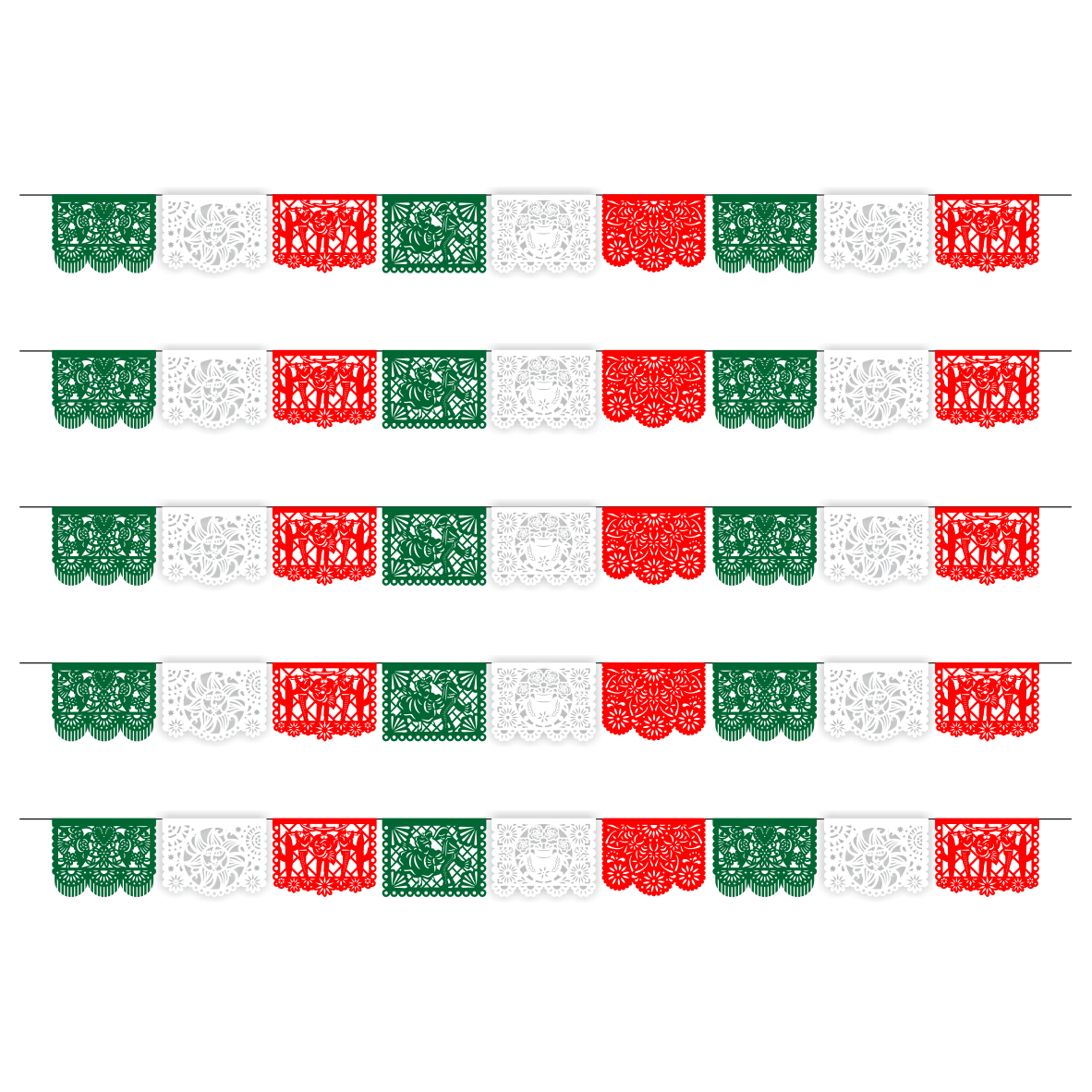 Guirnalda de papel picado charrería tricolor (plástico) - 10 tiras de 5 metros (50 metros totales)