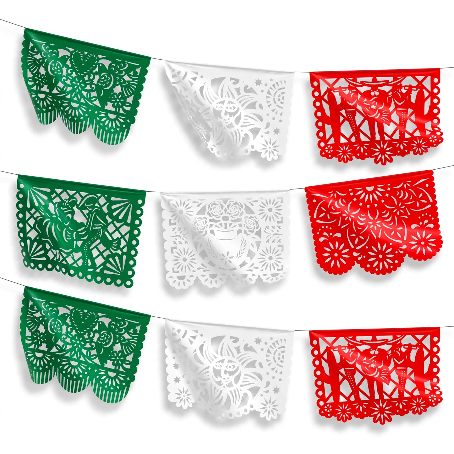 Guirnalda de papel picado charrería tricolor (plástico) - 10 tiras de 5 metros (50 metros totales)