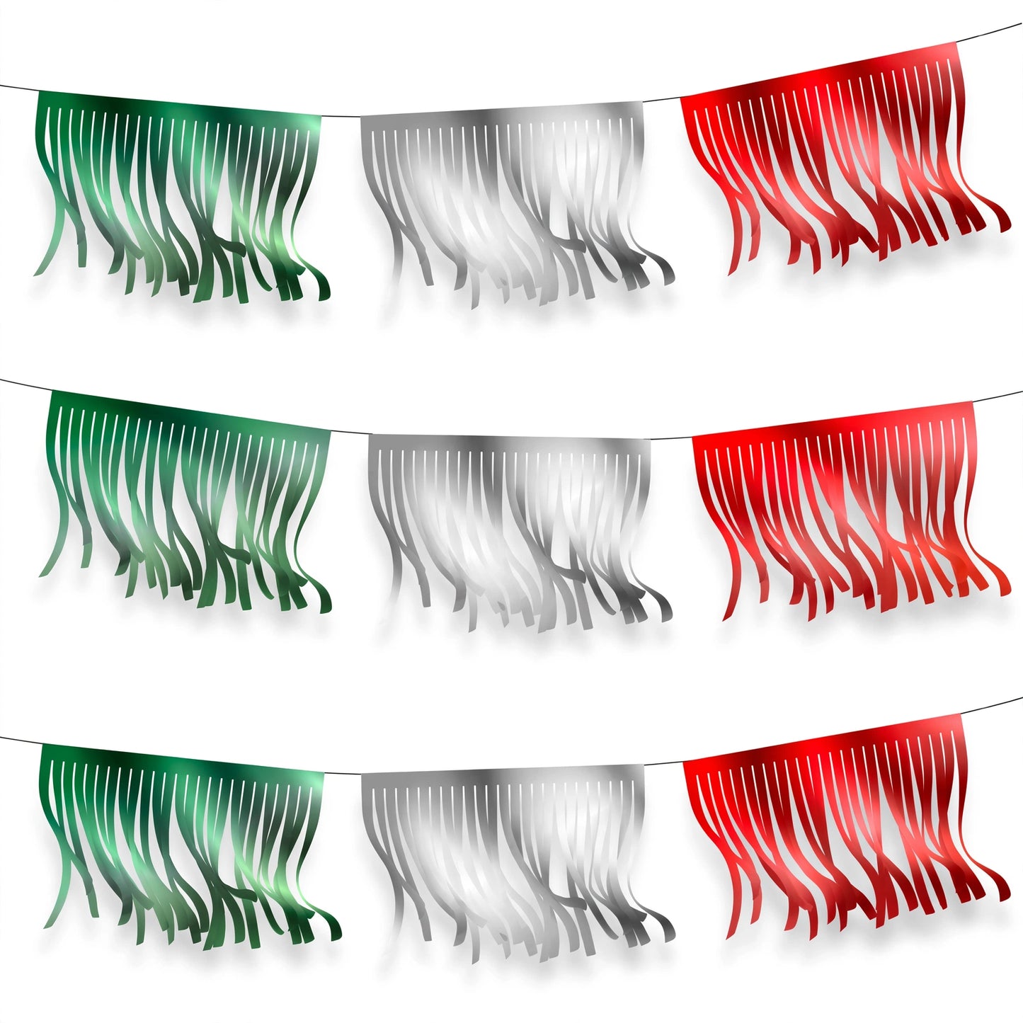 Guirnalda de papel picado flecos tricolor g (papel metálico) - 10 tiras de 5 metros (50 metros totales)
