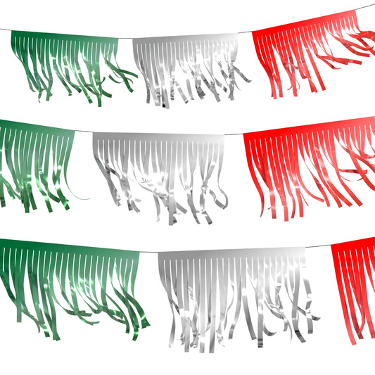 Guirnalda de papel picado flecos tricolor g (papel metálico) - 10 tiras de 5 metros (50 metros totales)
