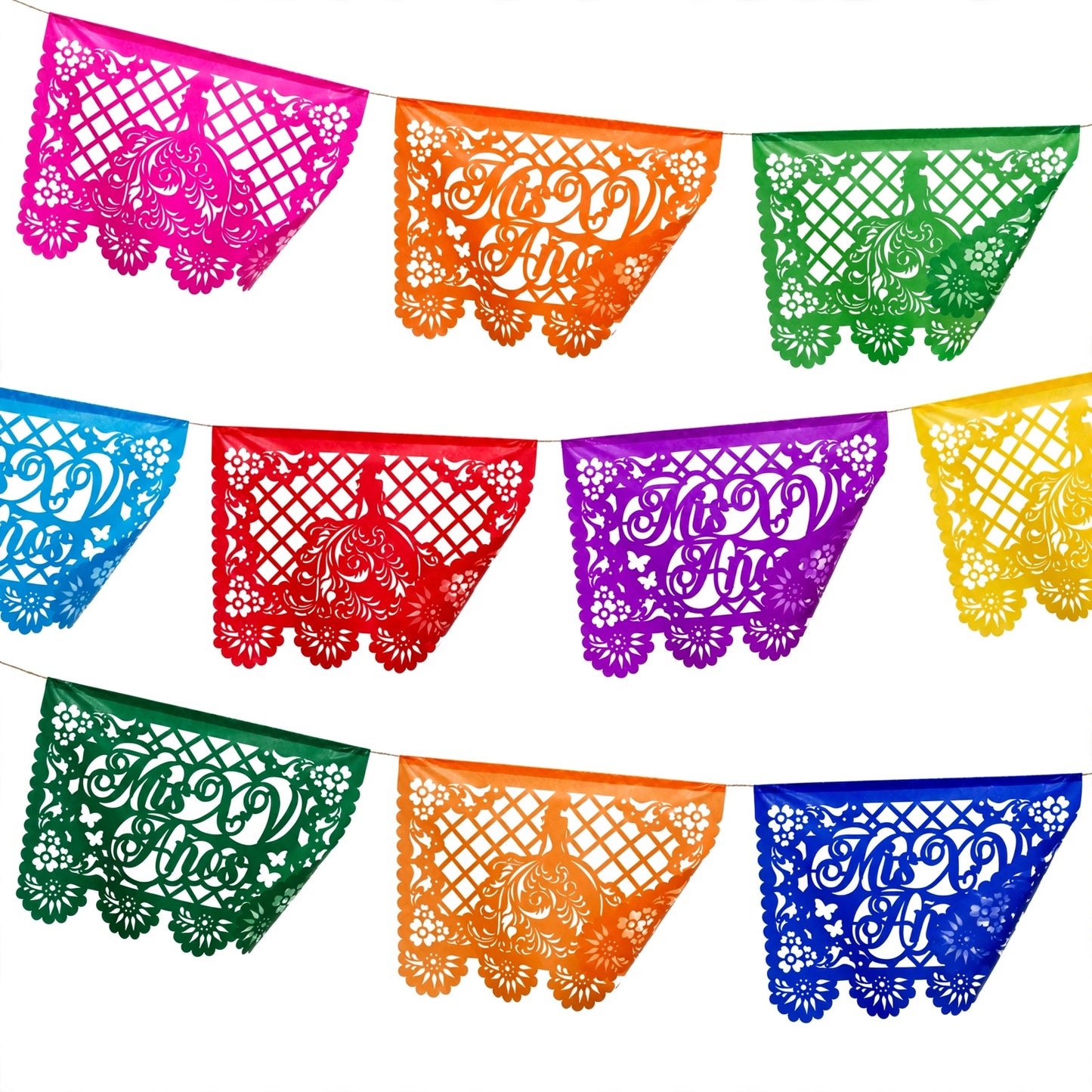 Guirnalda de papel picado xv años (papel china) - 10 tiras de 5 metros (50 metros totales)