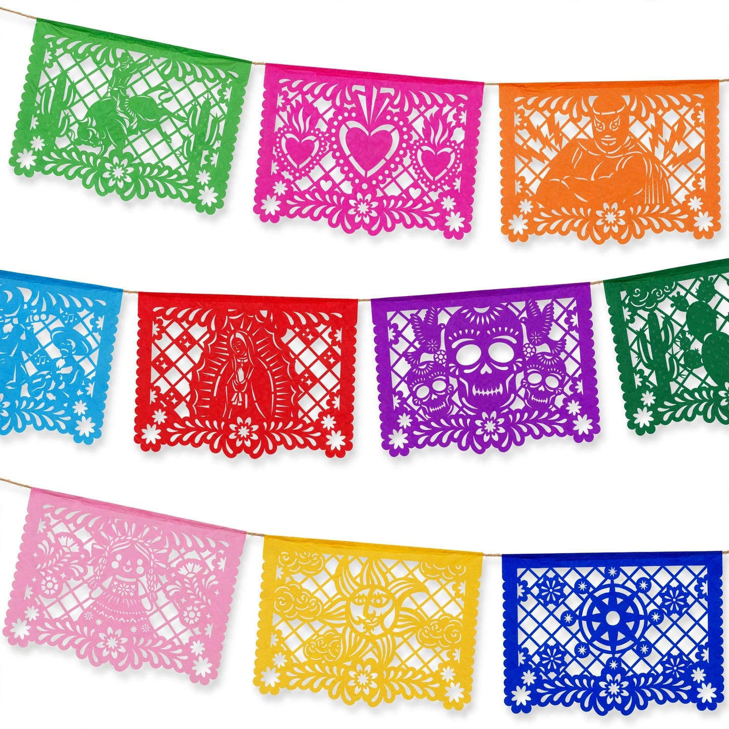 Guirnalda de papel picado meximalista (papel china) - 10 guirnaldas de 5 metros (50 metros totales)