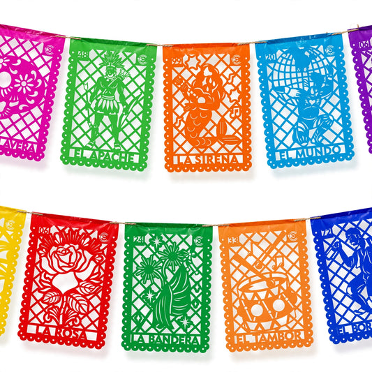 Guirnalda de papel picado lotería mexicana (papel china) - 10 guirnaldas de 5 metros (50 metros totales)