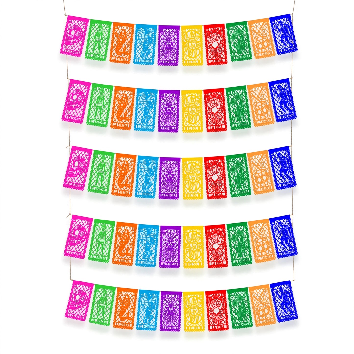 Guirnalda de papel picado lotería mexicana (papel china) - 10 guirnaldas de 5 metros (50 metros totales)