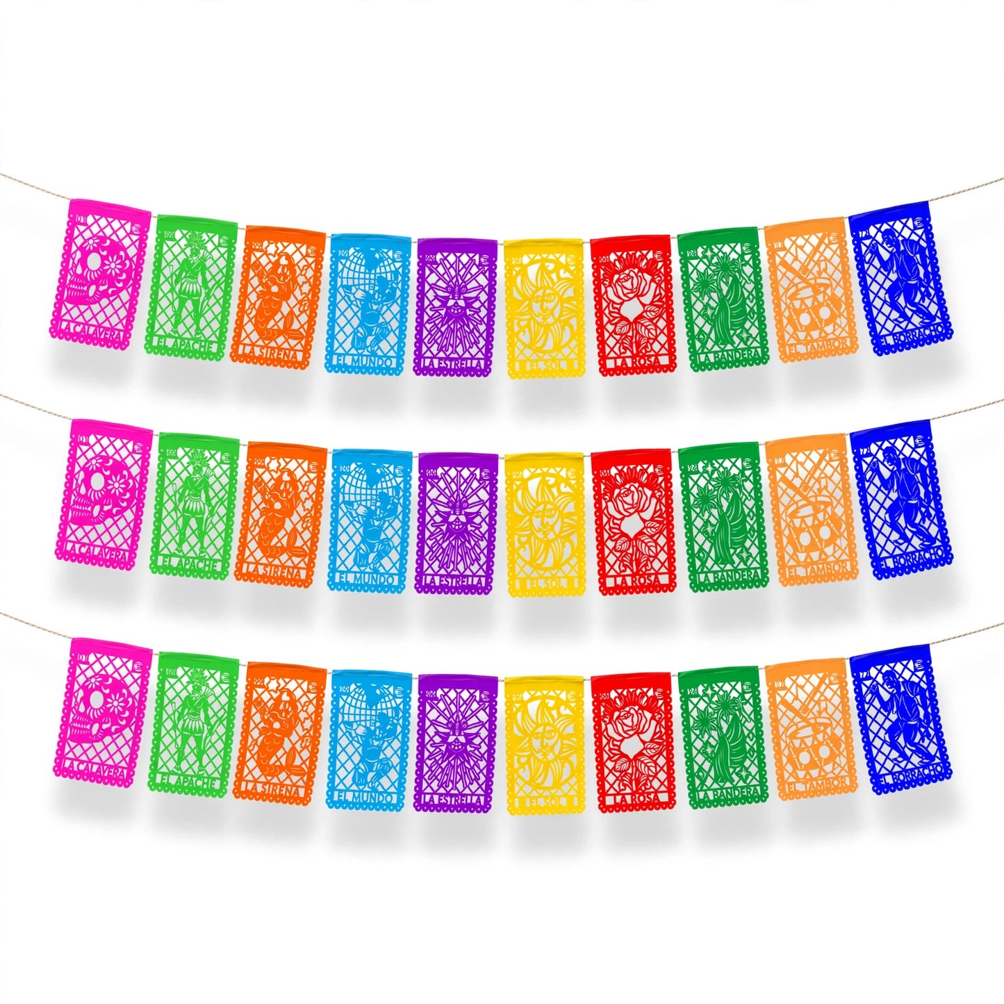 Guirnalda de papel picado lotería mexicana (papel china) - 10 guirnaldas de 5 metros (50 metros totales)