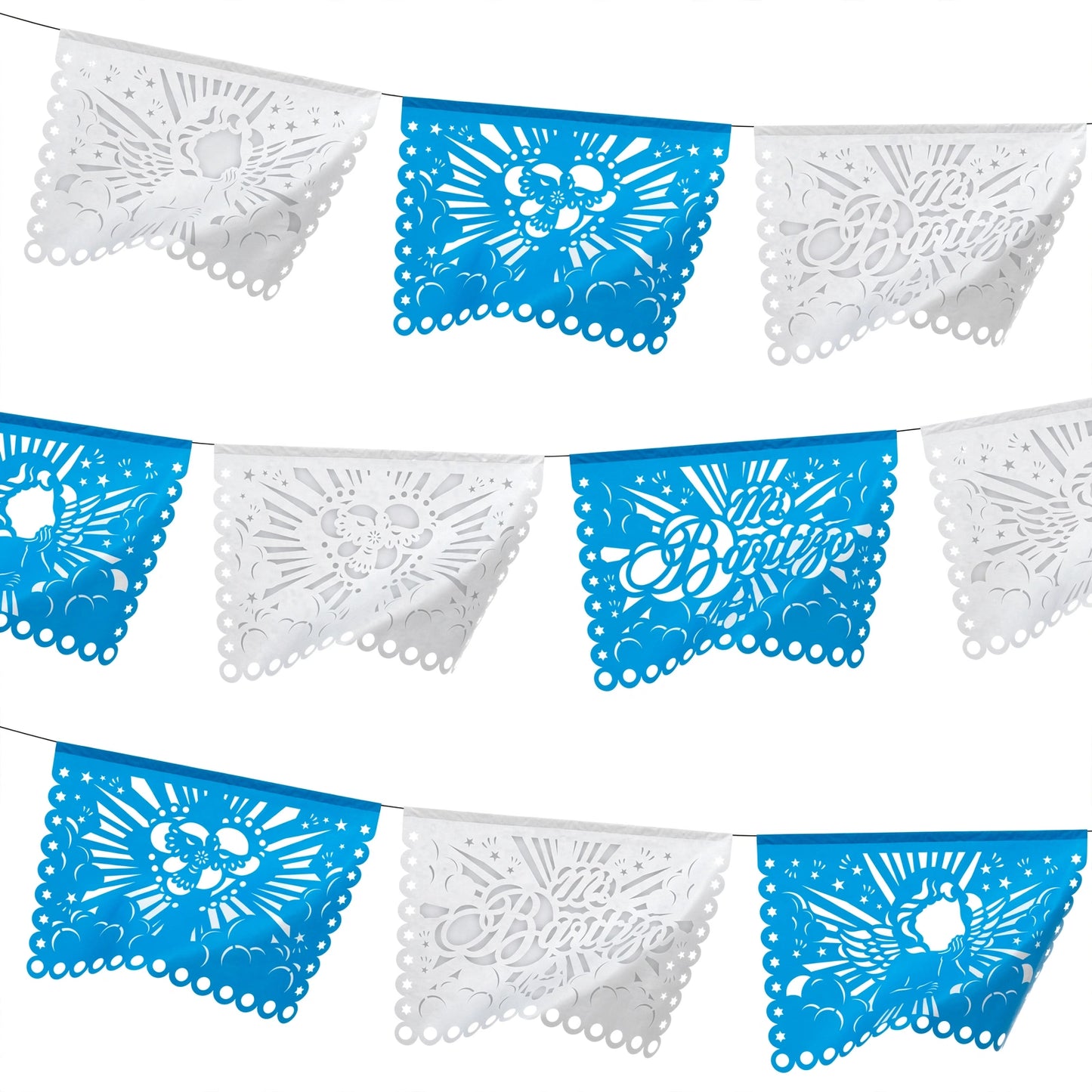Guirnalda de papel picado bautizo (niño) (papel china) - 10 guirnaldas de 5 metros (50 metros totales)