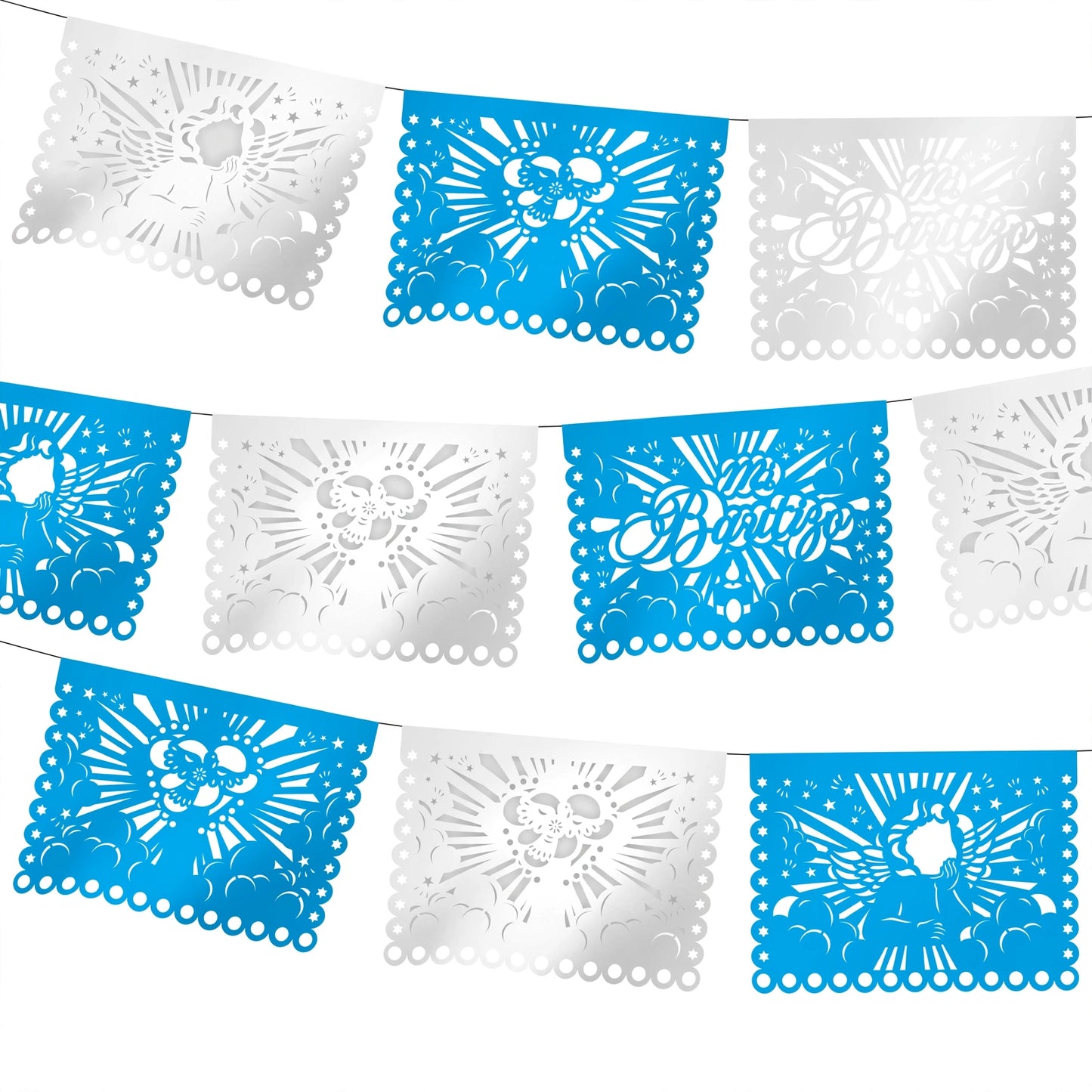 Guirnalda de papel picado bautizo (niño) (papel china) - 10 guirnaldas de 5 metros (50 metros totales)