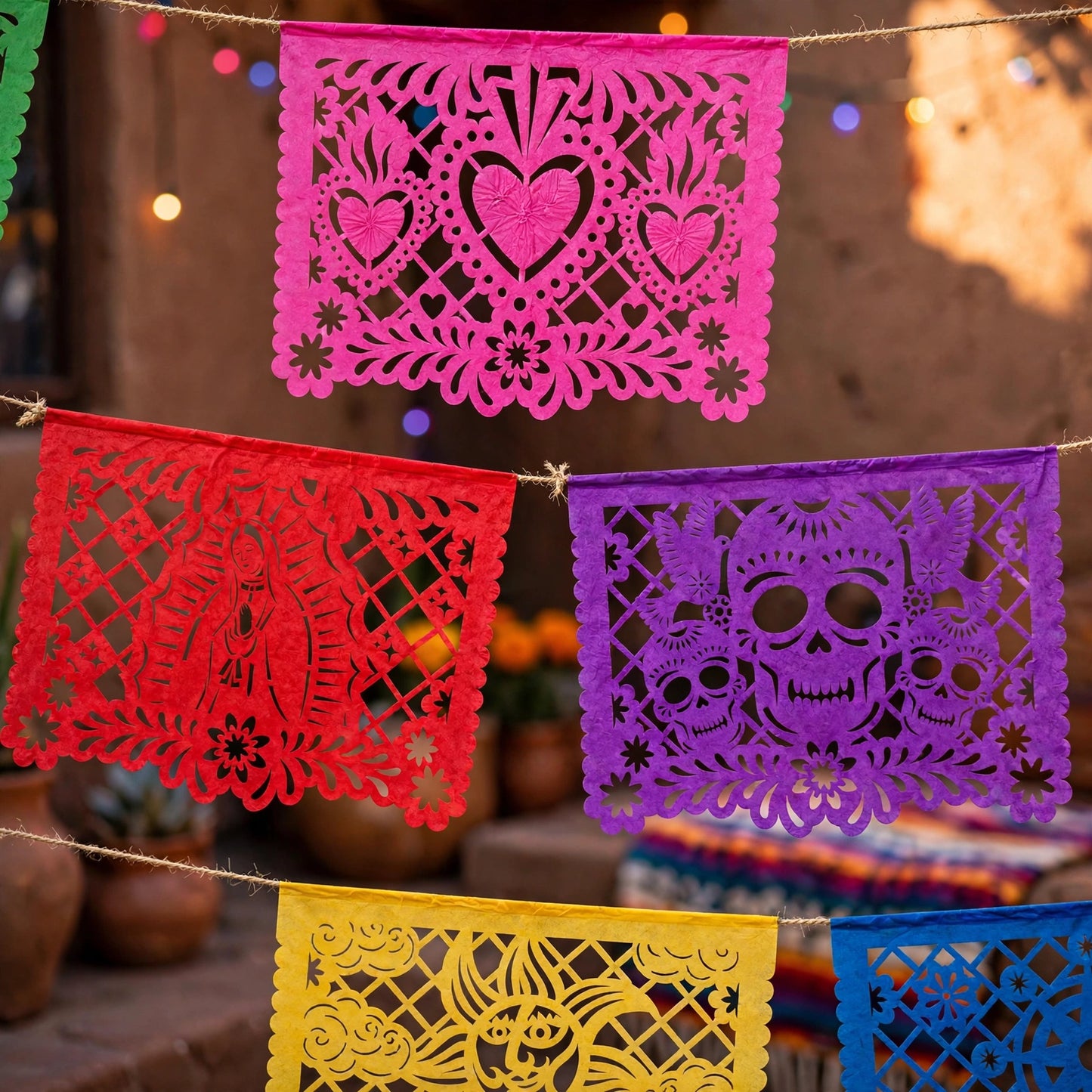 Guirnalda de papel picado meximalista (papel china) - 10 guirnaldas de 5 metros (50 metros totales)