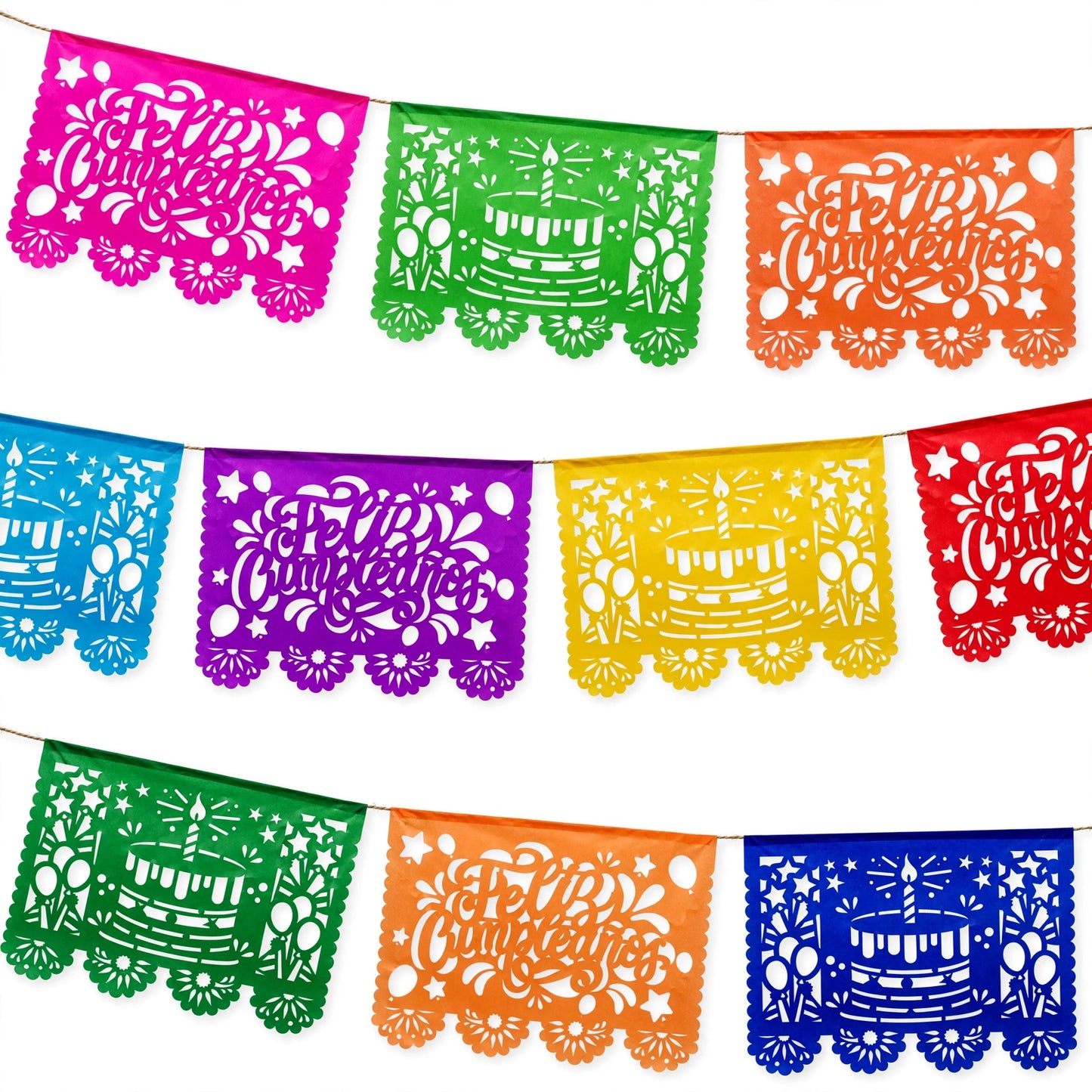 Guirnalda de papel picado feliz cumpleaños (papel china) - 10 guirnaldas de 5 metros (50 metros totales)