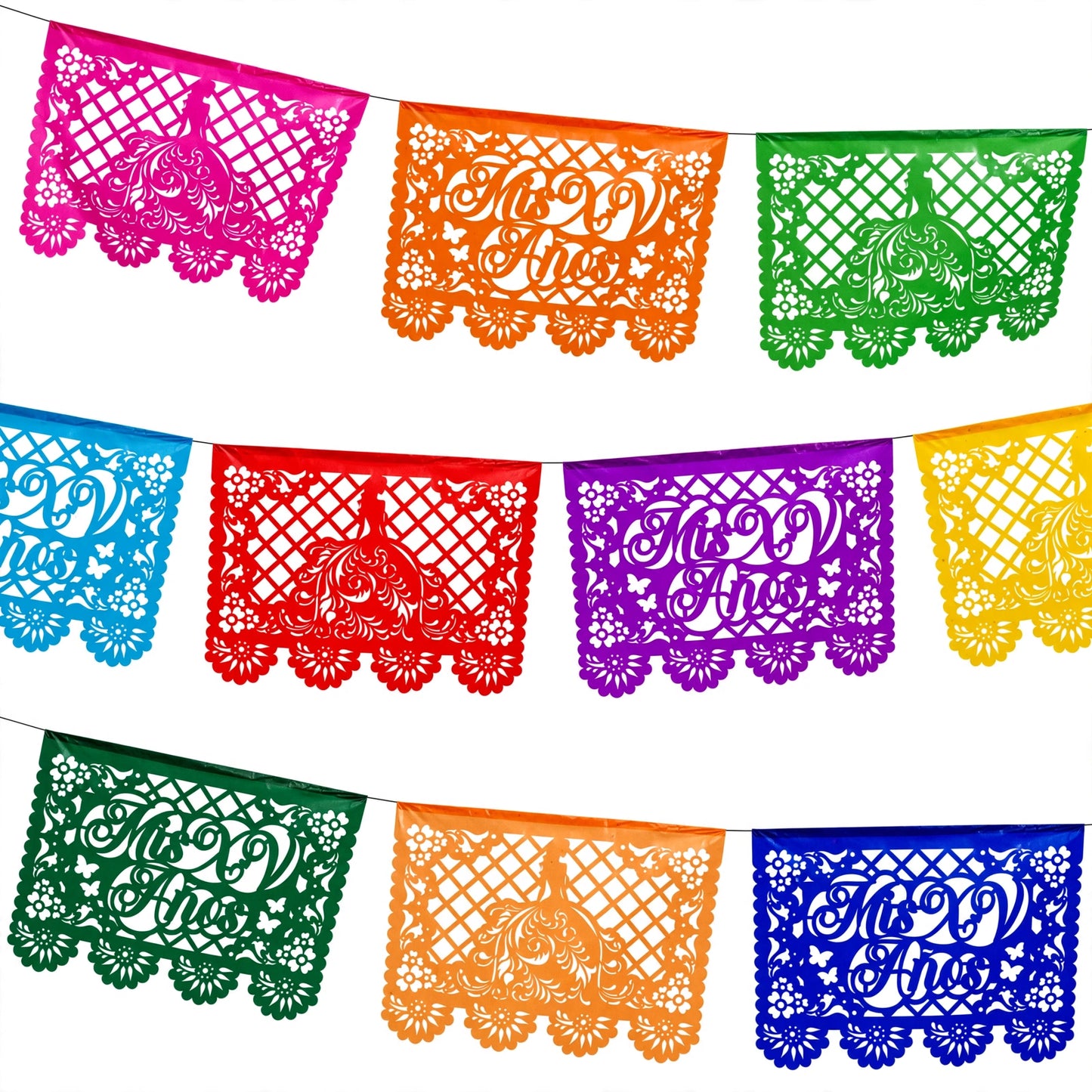 Guirnalda de papel picado xv años (papel china) - 10 tiras de 5 metros (50 metros totales)