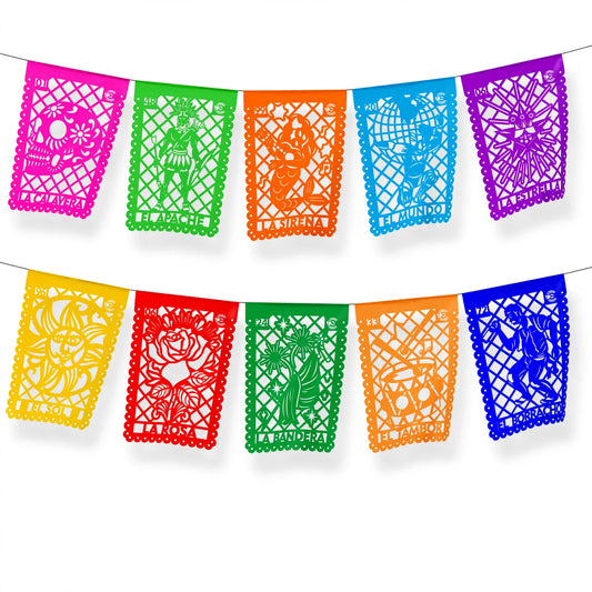 Guirnalda de papel picado lotería mexicana (papel china) - 10 guirnaldas de 5 metros (50 metros totales)