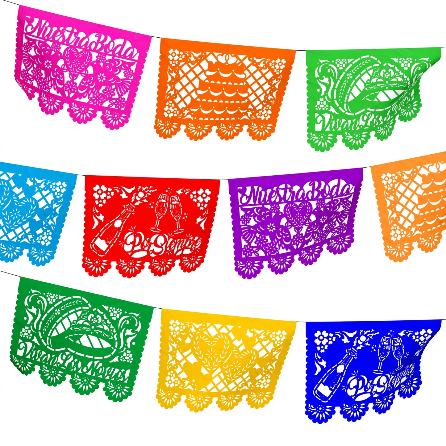 Guirnalda de papel picado boda multicolor – 10 guirnaldas de 5 metros (50 metros totales)