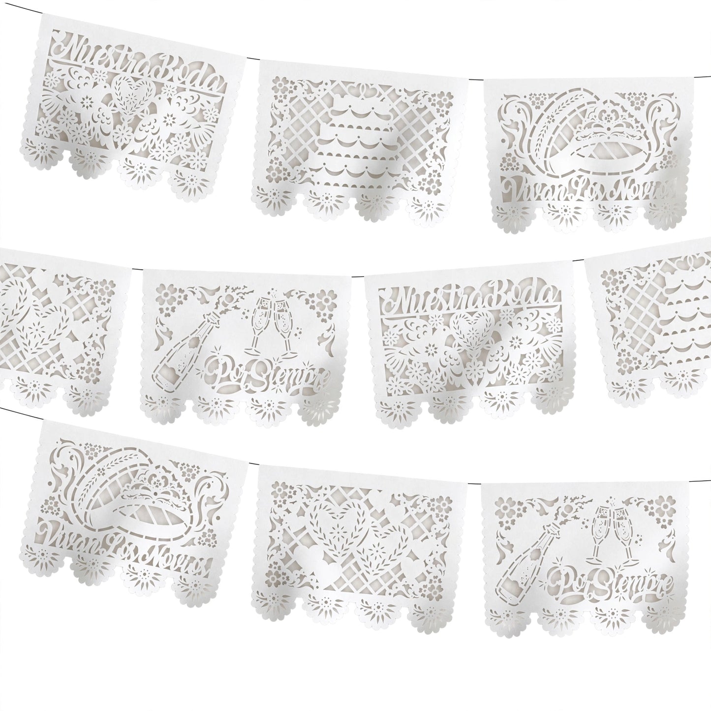 Guirnalda de papel picado boda blanca (papel china) - 10 tiras de 5 metros (50 metros totales)