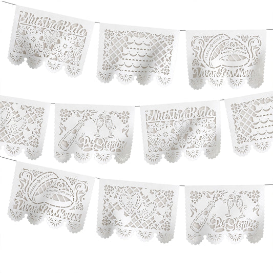 Guirnalda de papel picado boda blanca (papel china) - 10 tiras de 5 metros (50 metros totales)