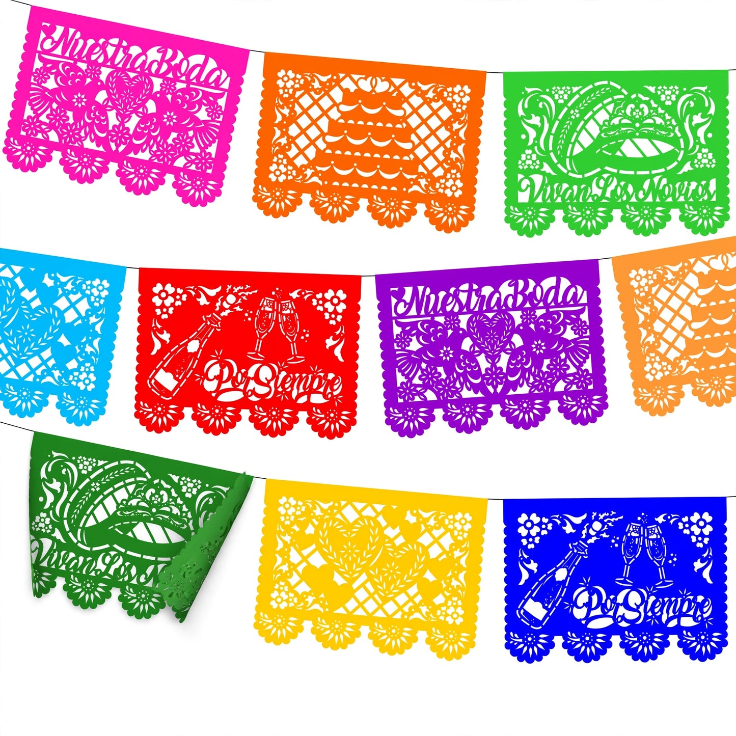 Guirnalda de papel picado boda multicolor – 10 guirnaldas de 5 metros (50 metros totales)