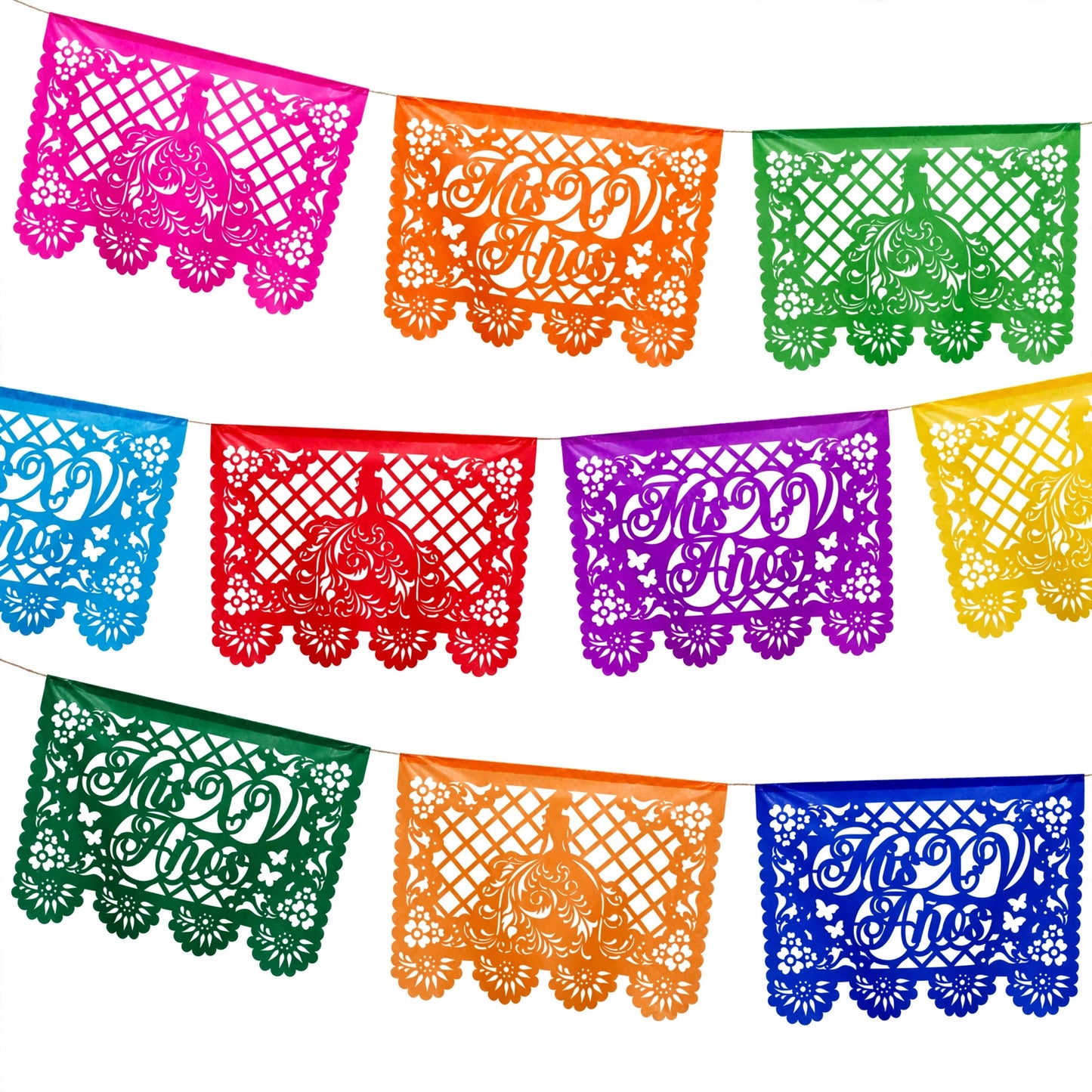 Guirnalda de papel picado xv años (papel china) - 10 tiras de 5 metros (50 metros totales)