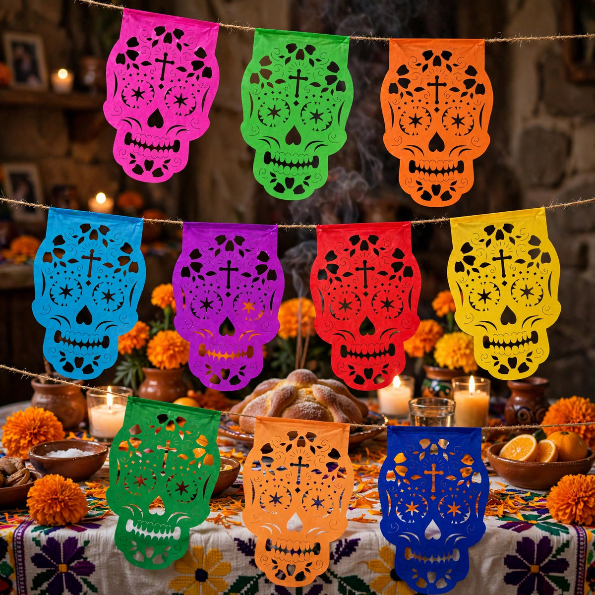10 Guirnaldas Día de Muertos Multicolor Calaveritas Papel China 30 Metros Totales